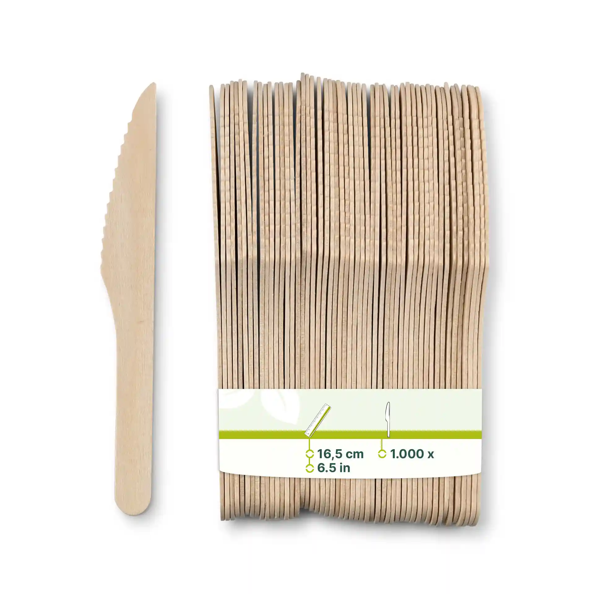 Houten messen in een stapel, elk 16,5 cm lang, met een gekartelde rand en een bruine houtafwerking.