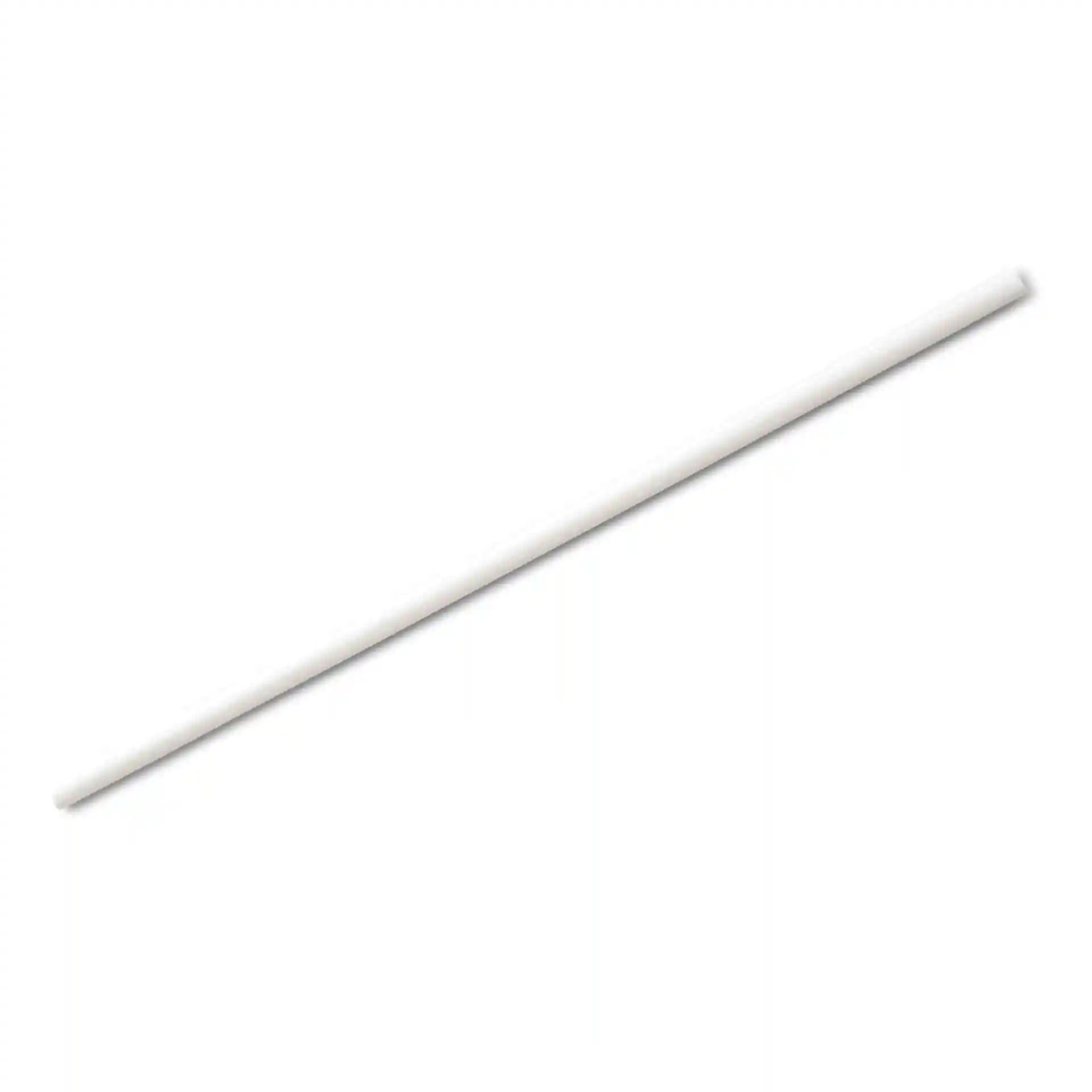 Witte papieren rietje, 20 cm lang en 0,5 cm in diameter, getoond op een effen achtergrond.