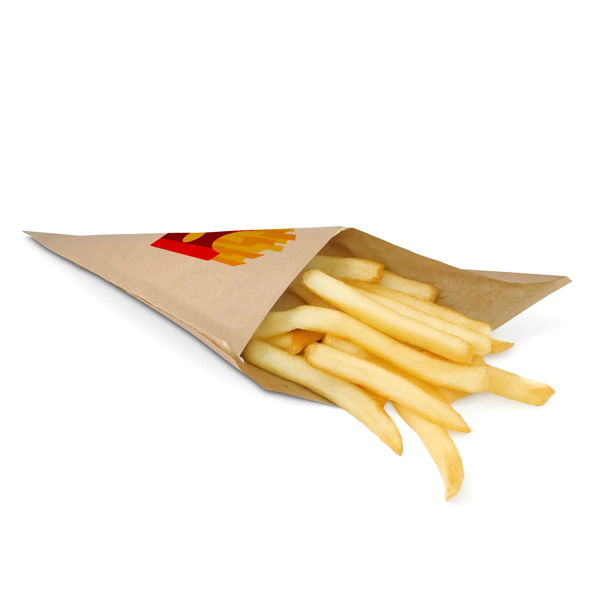 Bedrukt papieren kegelzak gevuld met friet, met een logo-ontwerp, op een witte achtergrond geplaatst.