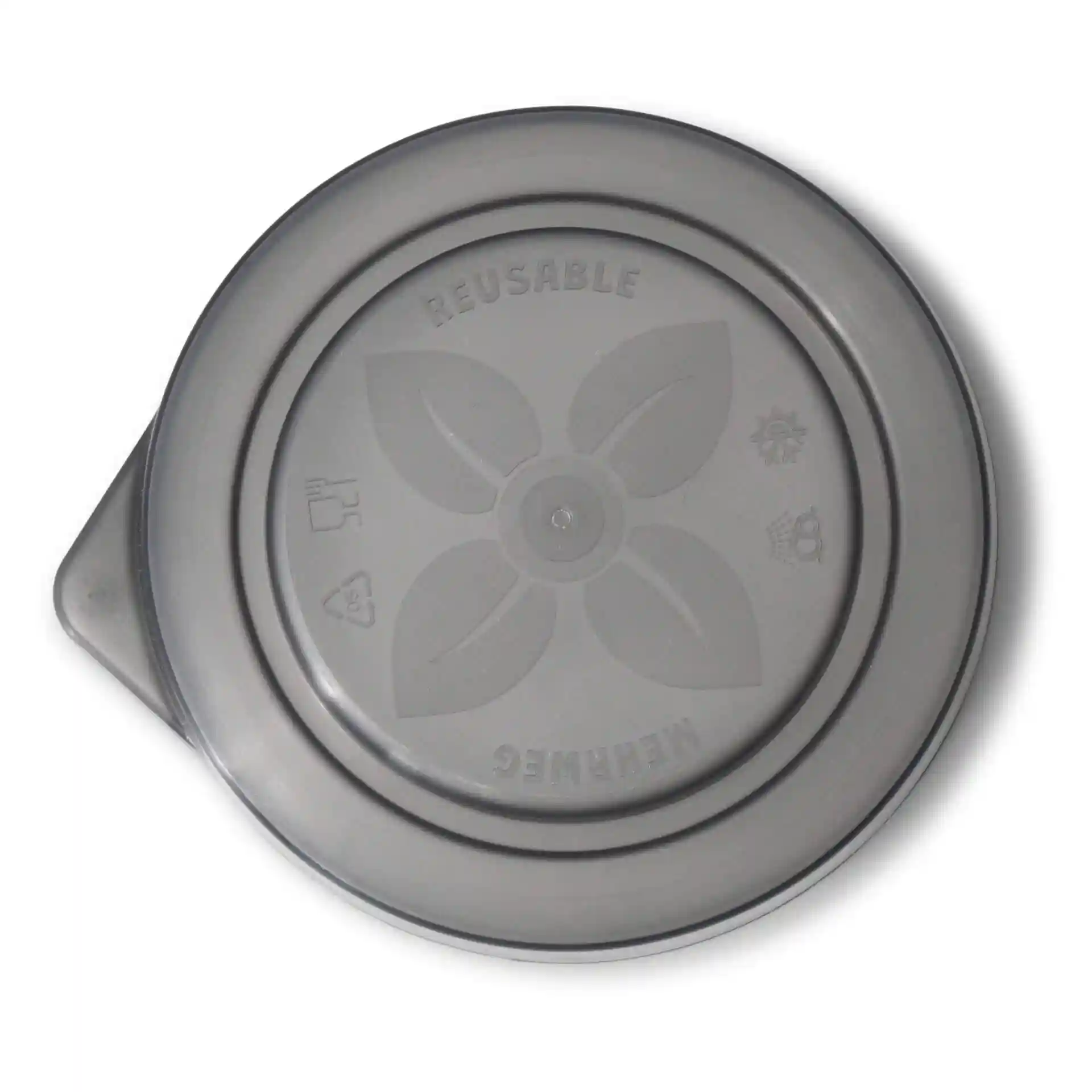 Ronde grijze herbruikbare deksel van PP, met een diameter van 95 mm en een hoogte van 15 mm.
