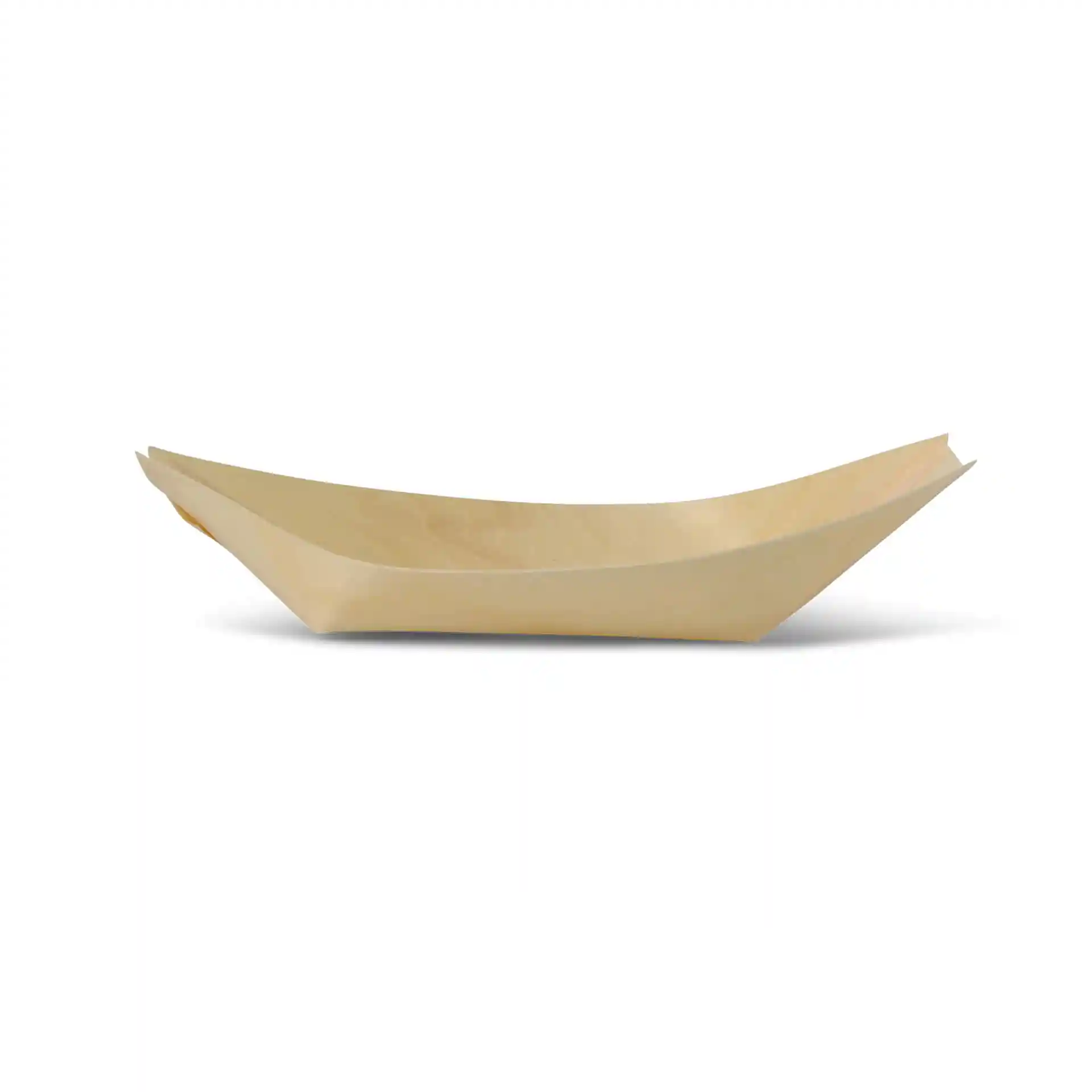 Houten serveerschaal in de vorm van een boot in bruin, 17 cm lang, 9,5 cm breed en 3,6 cm hoog.