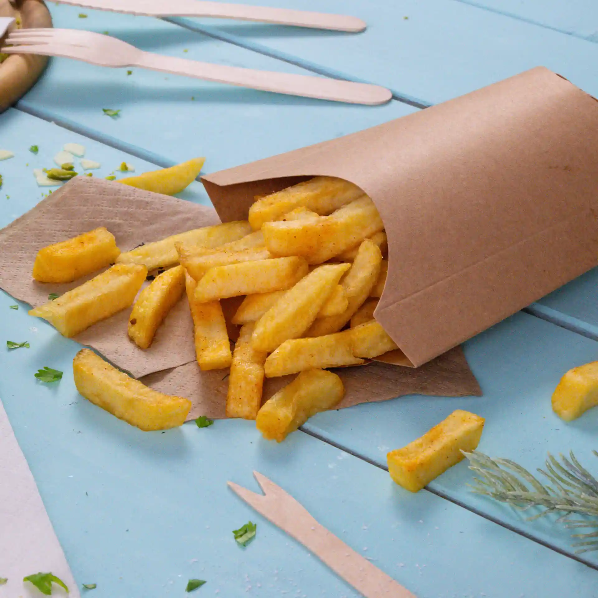 Bruine kartonnen container met uitlopende frietjes, geplaatst op een blauwe ondergrond met verspreide peterselie.