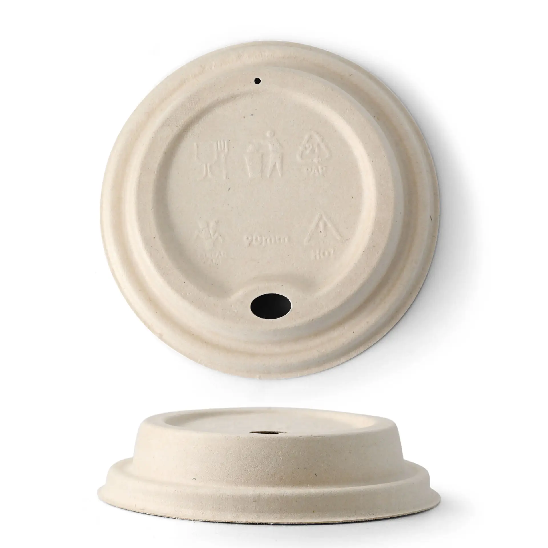 Bruine suikerrietdeksel voor papieren bekers, 90 mm diameter, met drinkopening en recycling-symbolen.