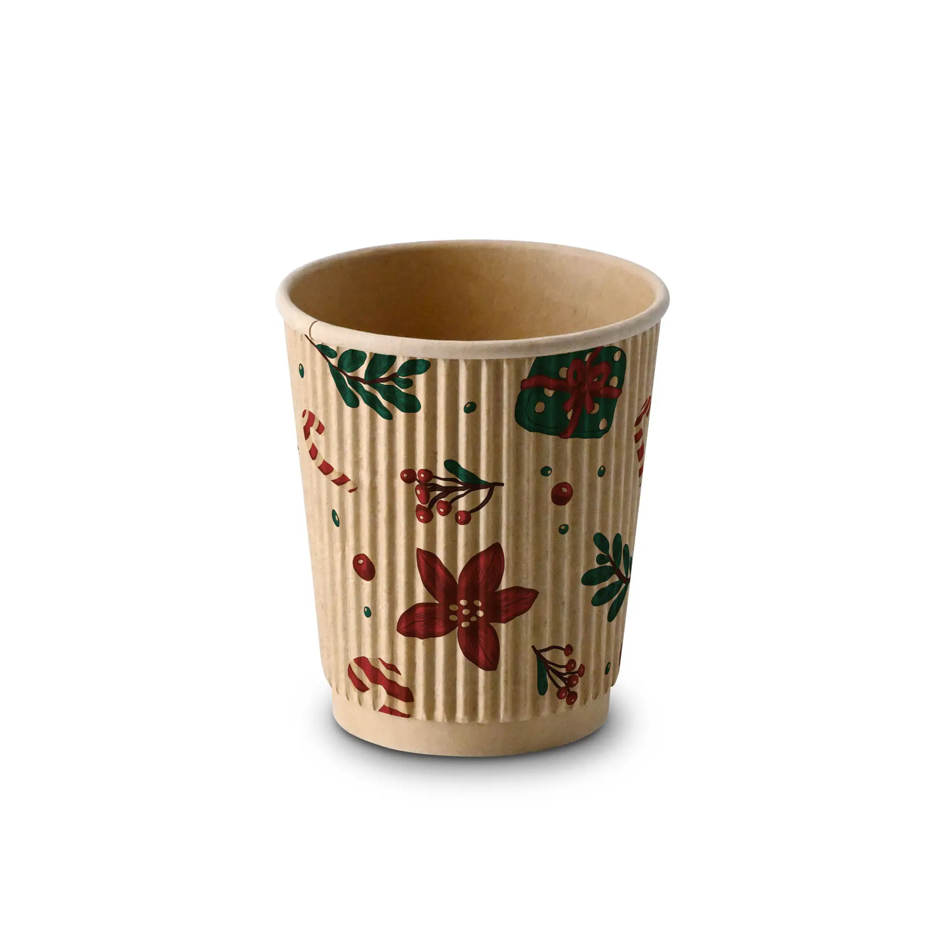 Bruine golfbeker met winterontwerp, 200 ml capaciteit, met bloem- en cadeaupatronen.