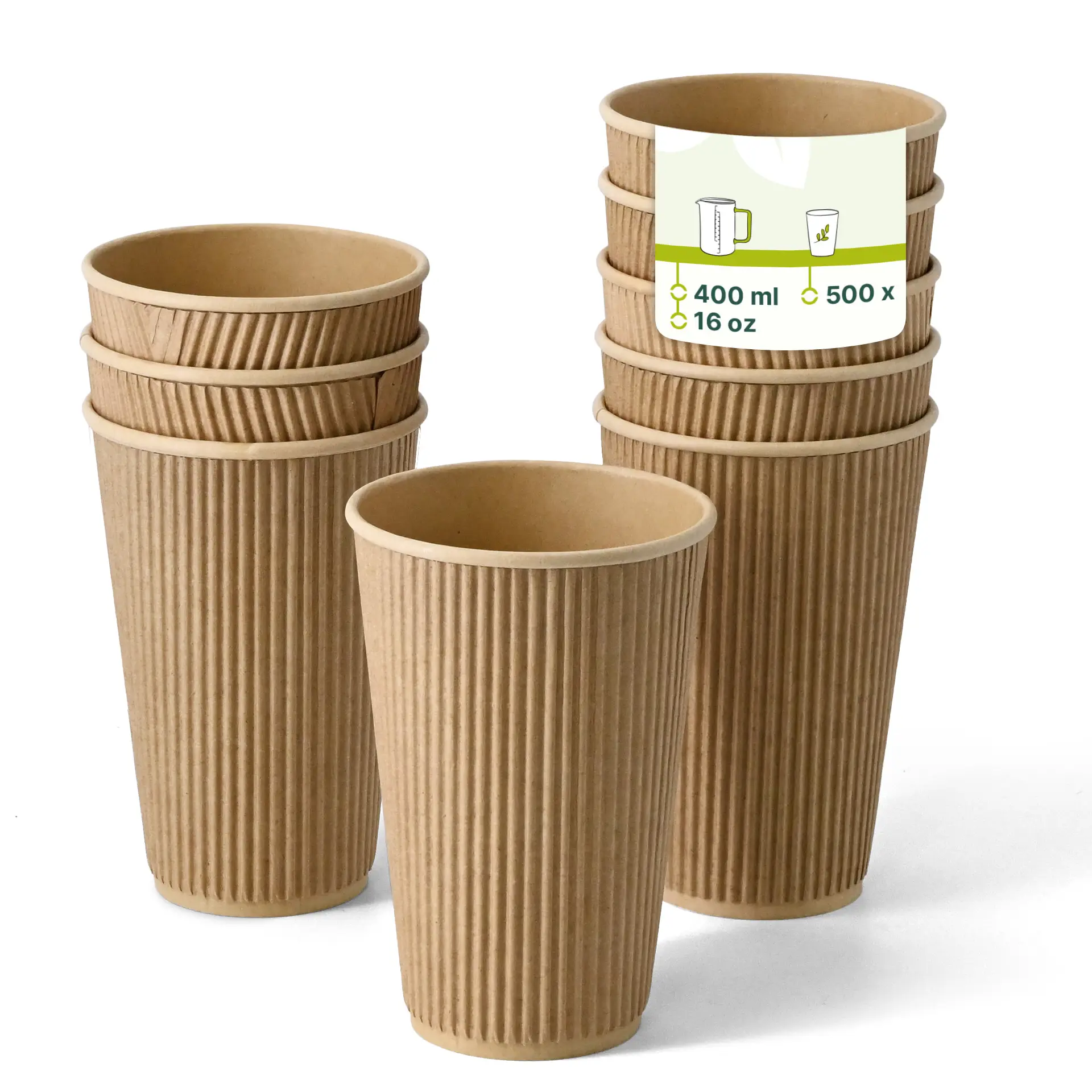 Bruine geïsoleerde wegwerpcups met ribbelontwerp, voorzien van een label met productdetails.