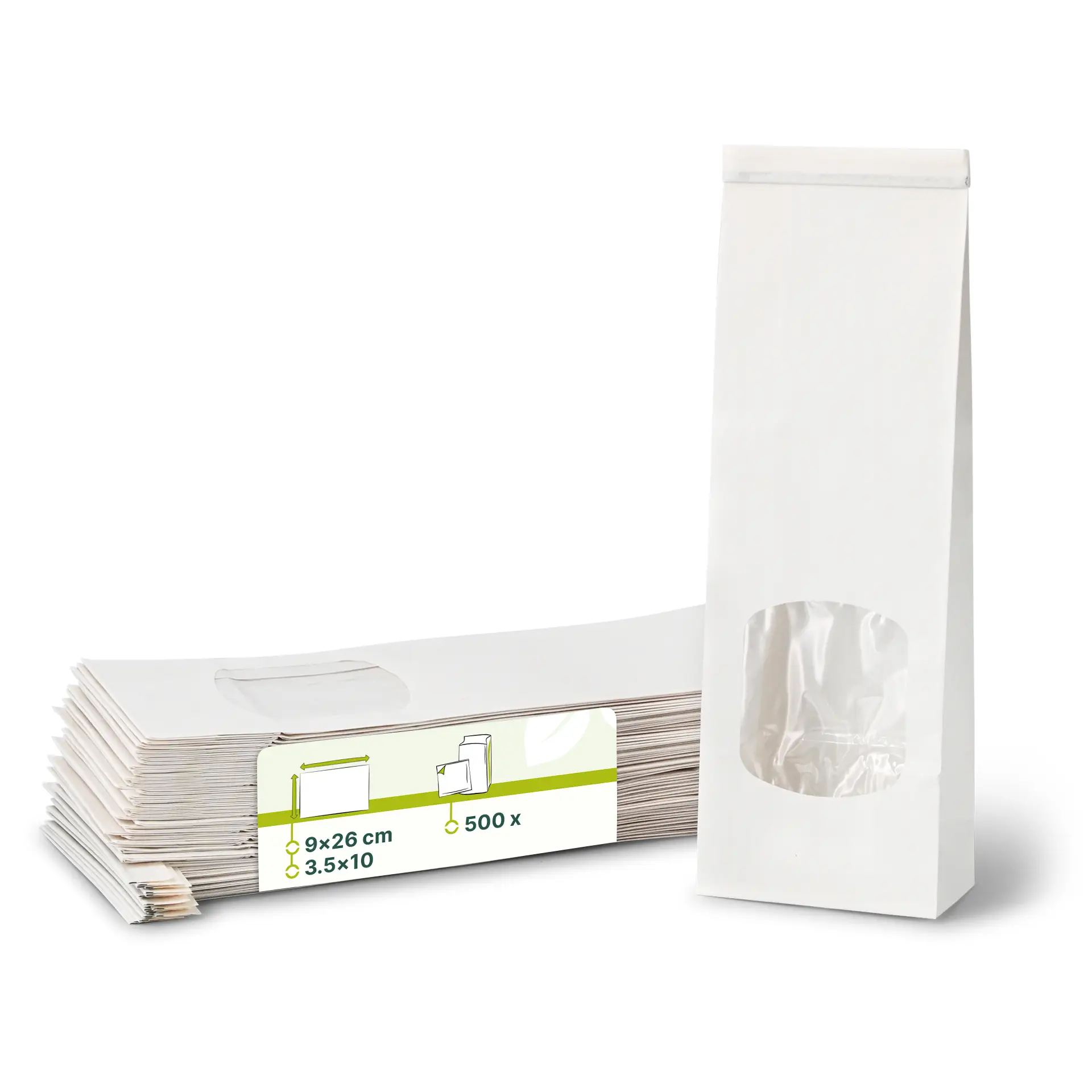 Blokbodemzakken met venster S, 9 x 4,5 x 26 cm, wit, clipband Blokbodemzakken met venster S, 9 x 4,5 x 26 cm, wit, clipband
