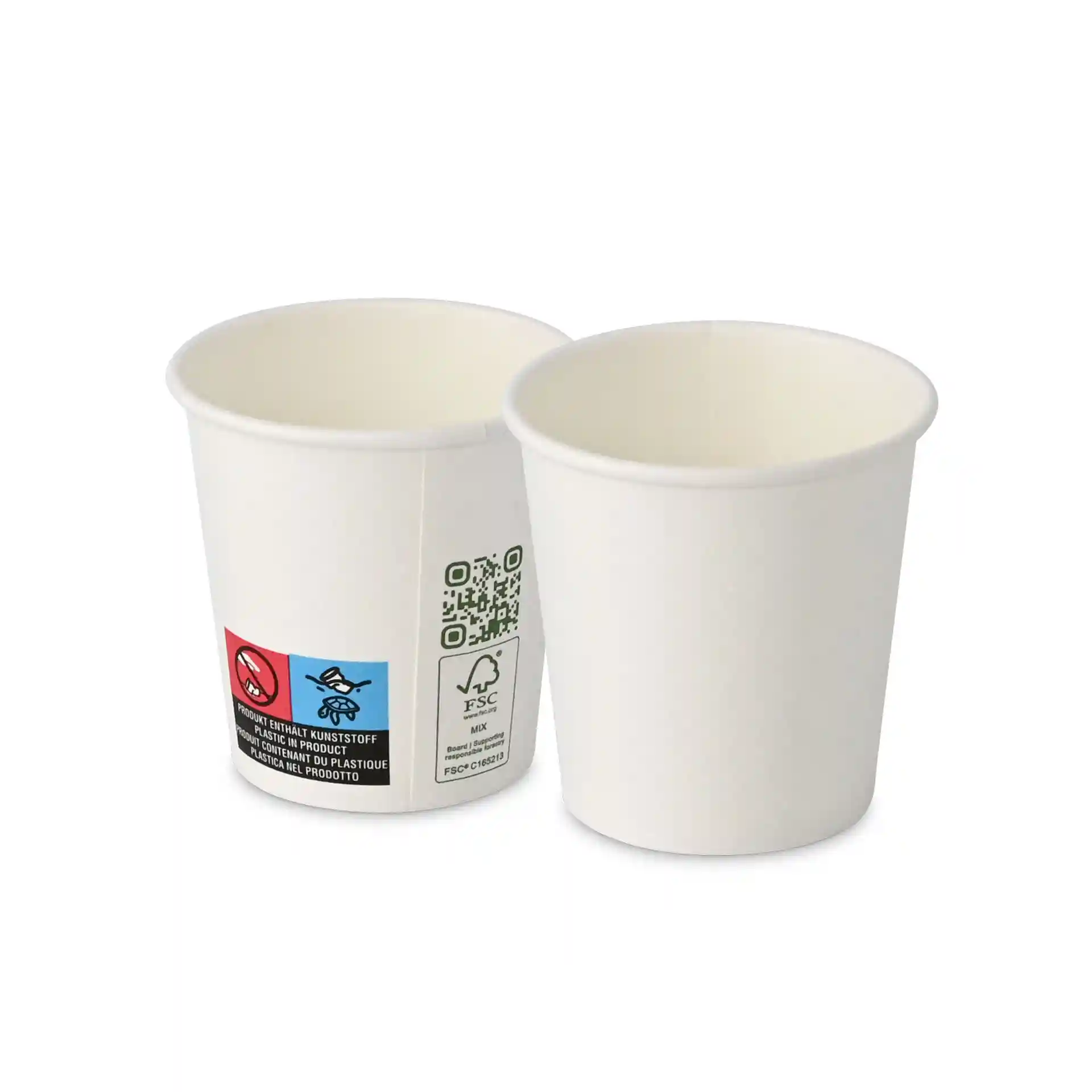 Witte beker, 100 ml capaciteit, enkele wand, met een diameter van 62 mm, met labels en symbolen aan de zijkant.