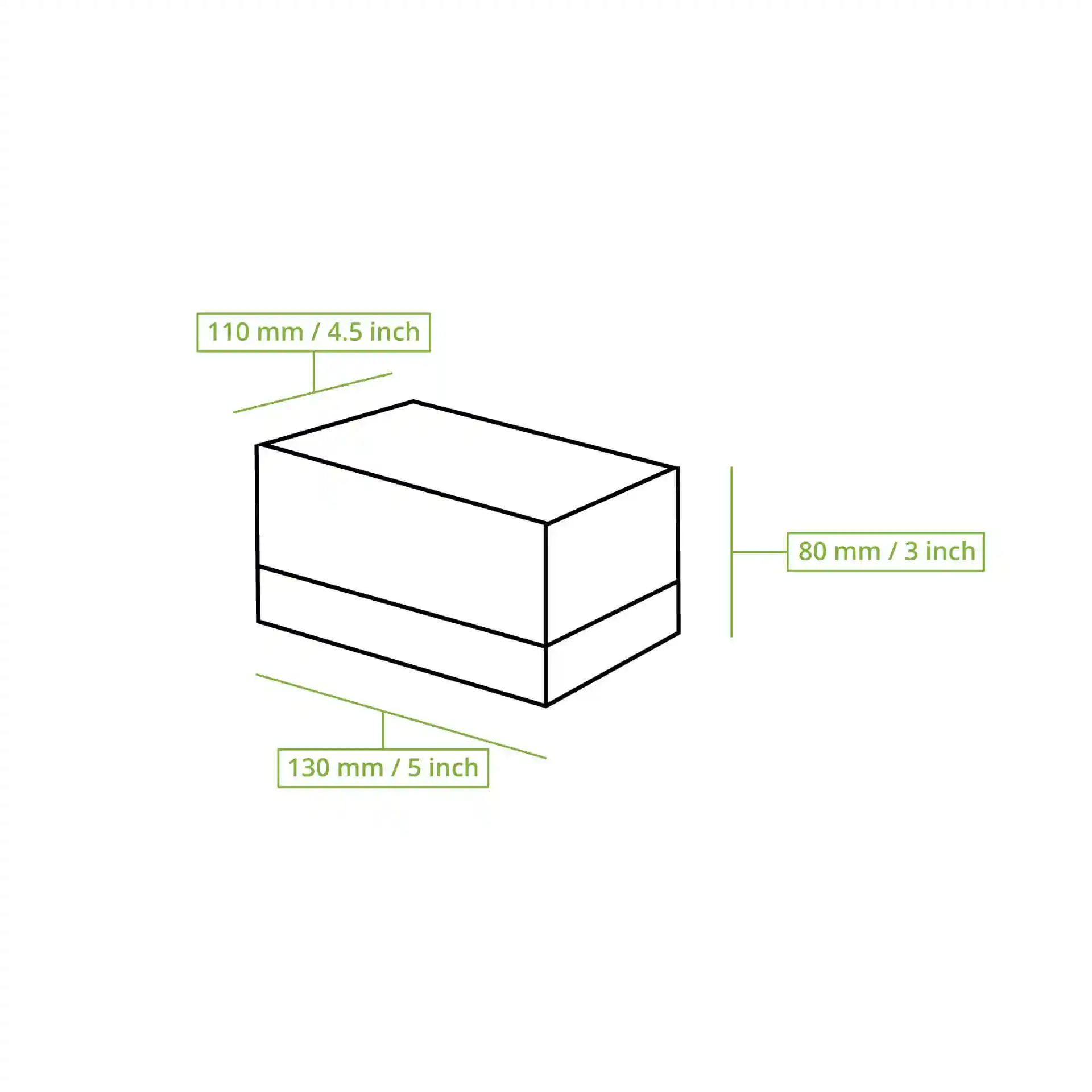 Schematische tekening van een rechthoekige doos met afmetingen: 130 mm lengte, 110 mm breedte en 80 mm hoogte.