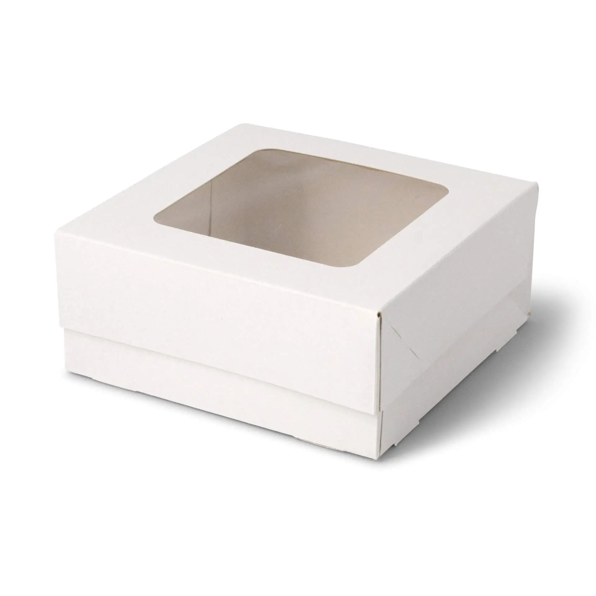 Witte cupcake-doos met een cellulose venster, ontworpen voor vier gebakken goederen zoals muffins of brownies.