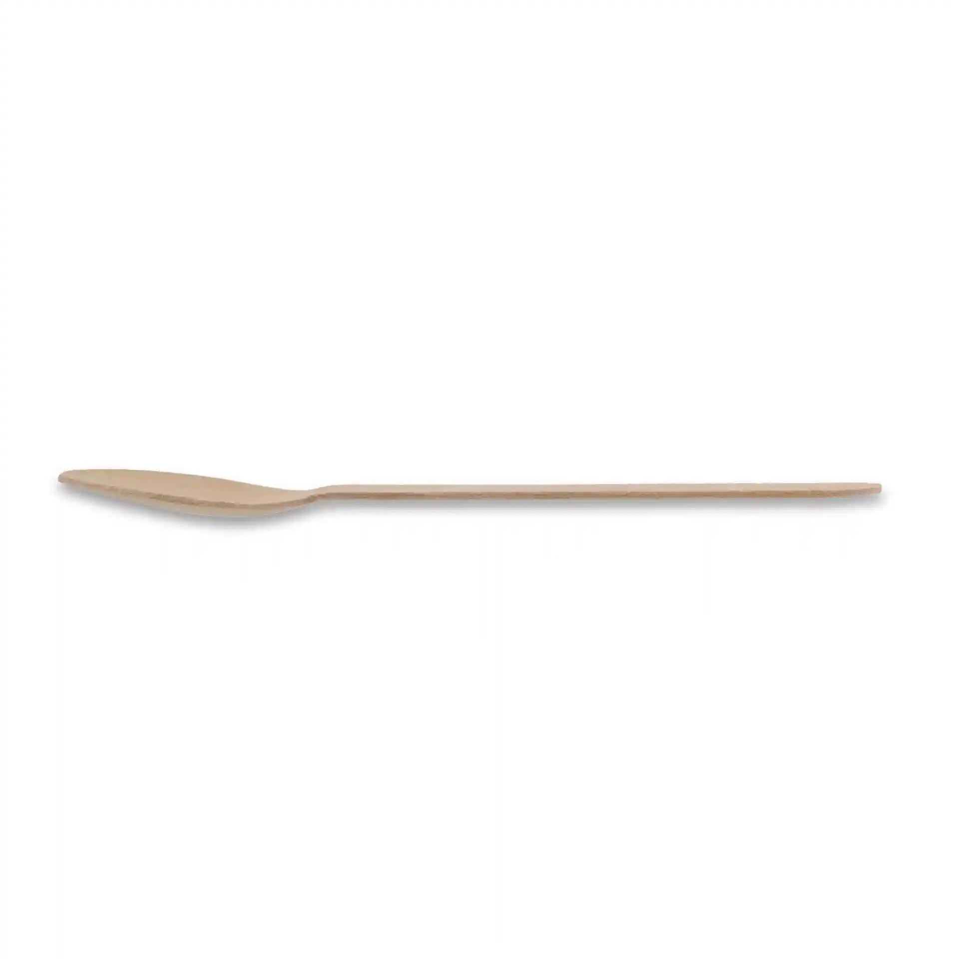 Bruine houten lepel, 16 cm lang, met een gladde oppervlakte en een ronde punt, weergegeven op een witte achtergrond.