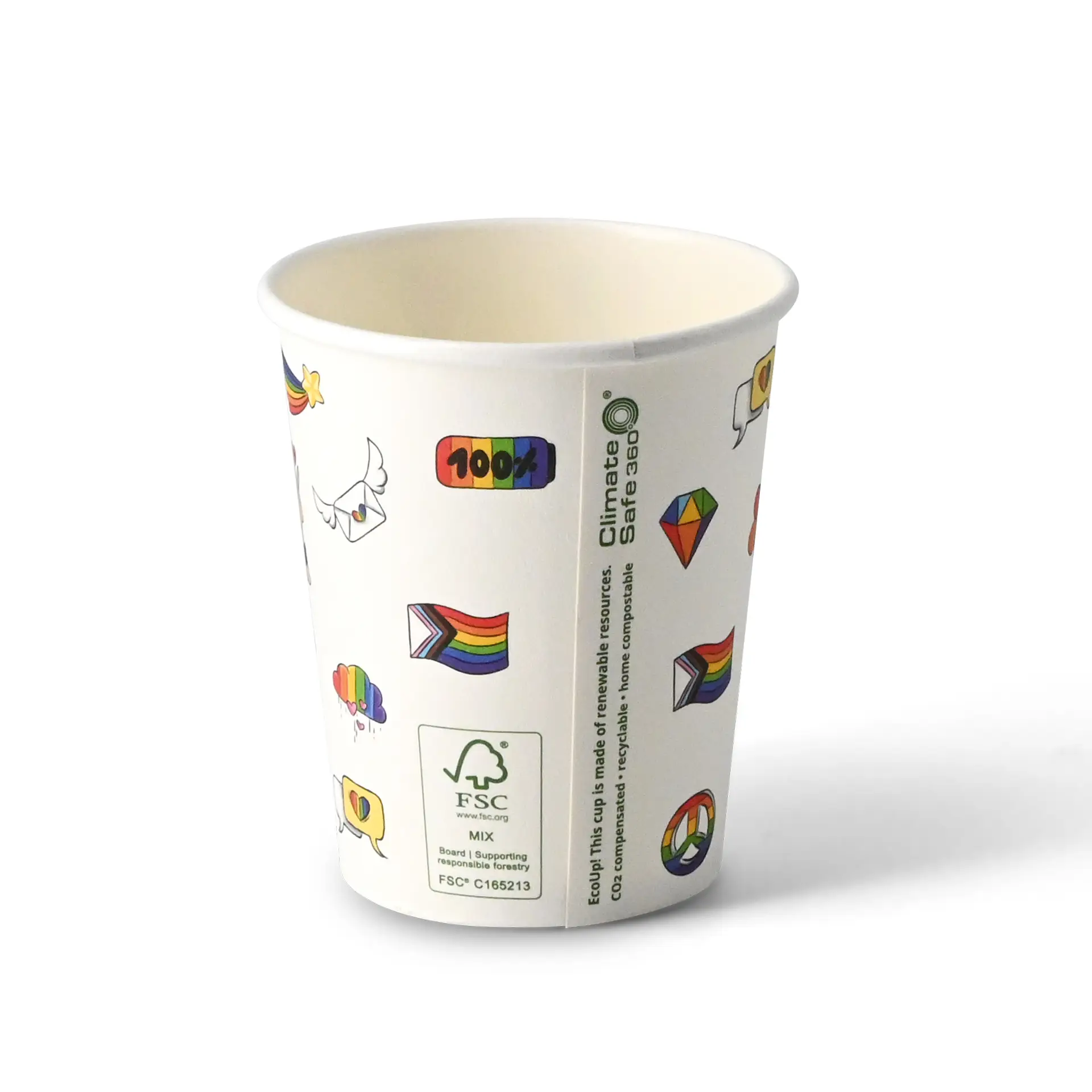 Kartonnen beker bedrukt "Pride" 200 ml / 8 oz, Ø 80 mm, wit