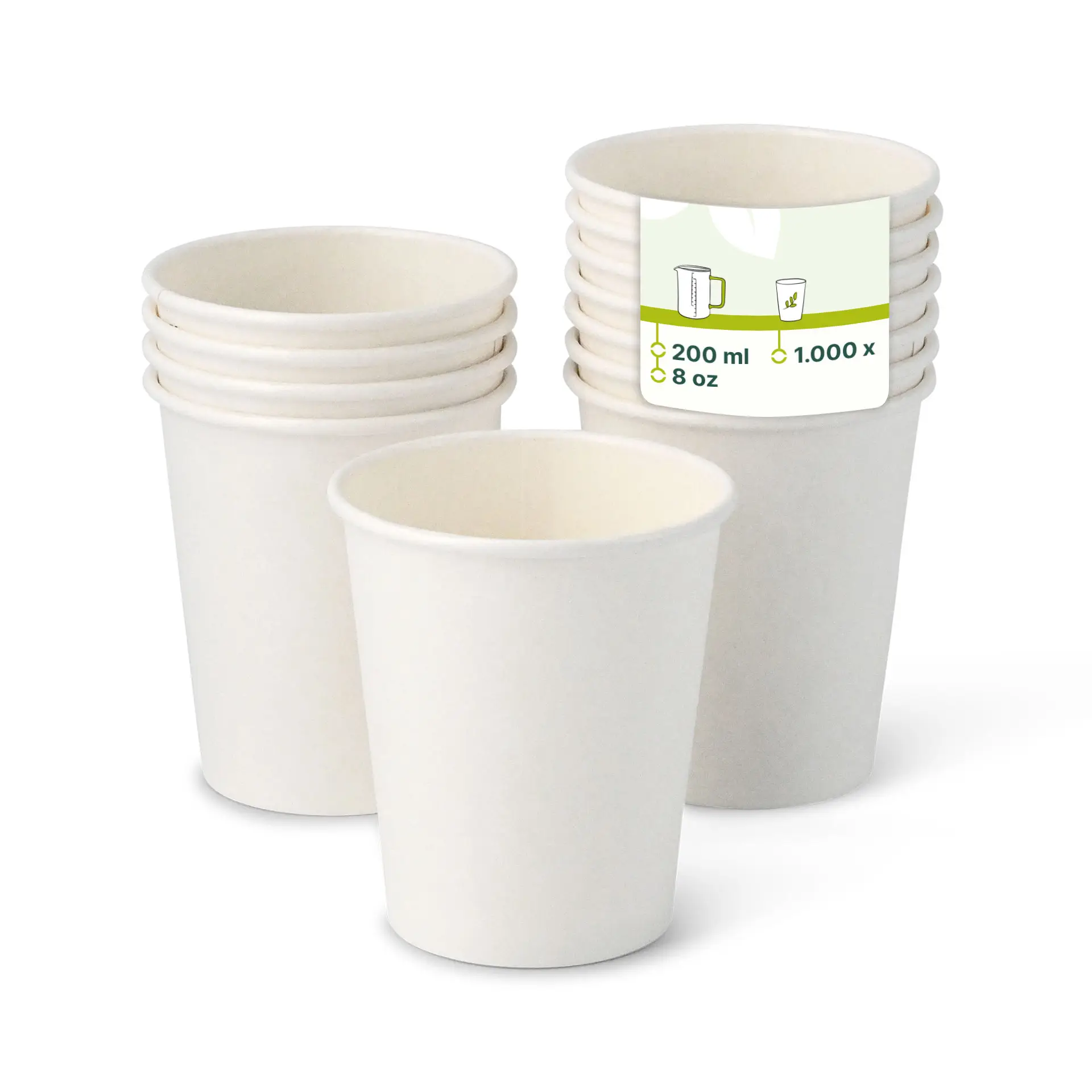 Acht-ounce witte papieren bekers met een klassiek ontwerp; sommige bekers hebben een gekleurd label met capaciteitsinformatie.