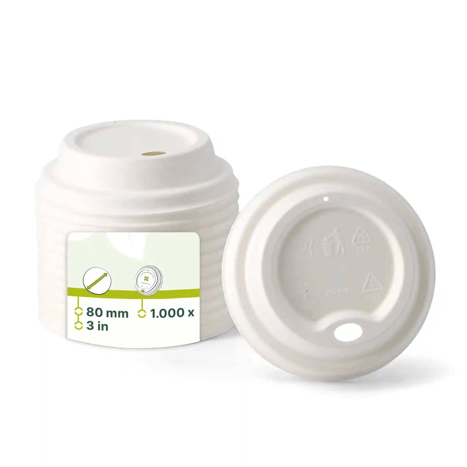 Witte suikerrietdeksel voor papieren bekers met een diameter van 80 mm en een hoogte van 22 mm, zij- en bovenaanzicht.