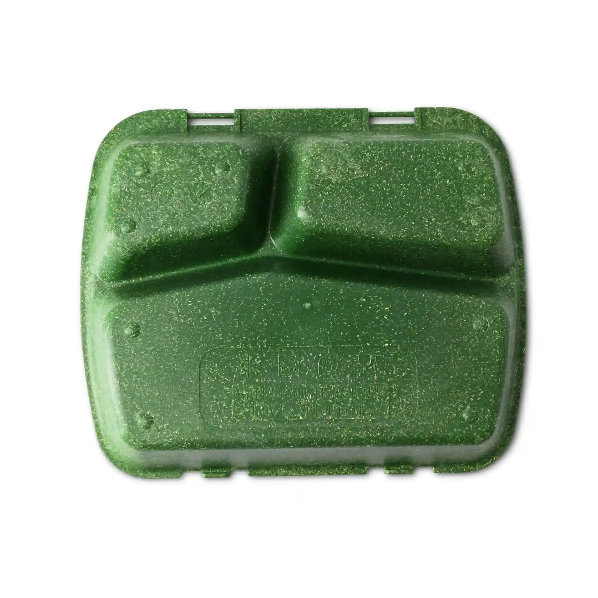 Herbruikbare maaltijdcontainer in spinaziegroen met drie compartimenten, 24,5 x 20 x 4,5 cm.