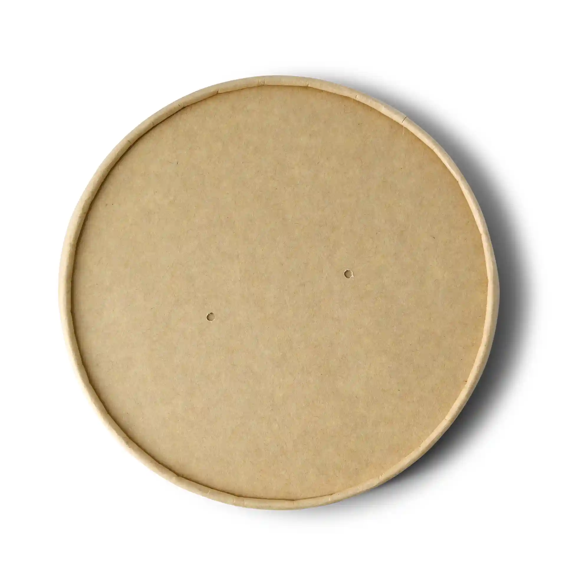 Ronde bruine kartonnen deksel met een diameter van 150 mm, met twee kleine gaten op het oppervlak.