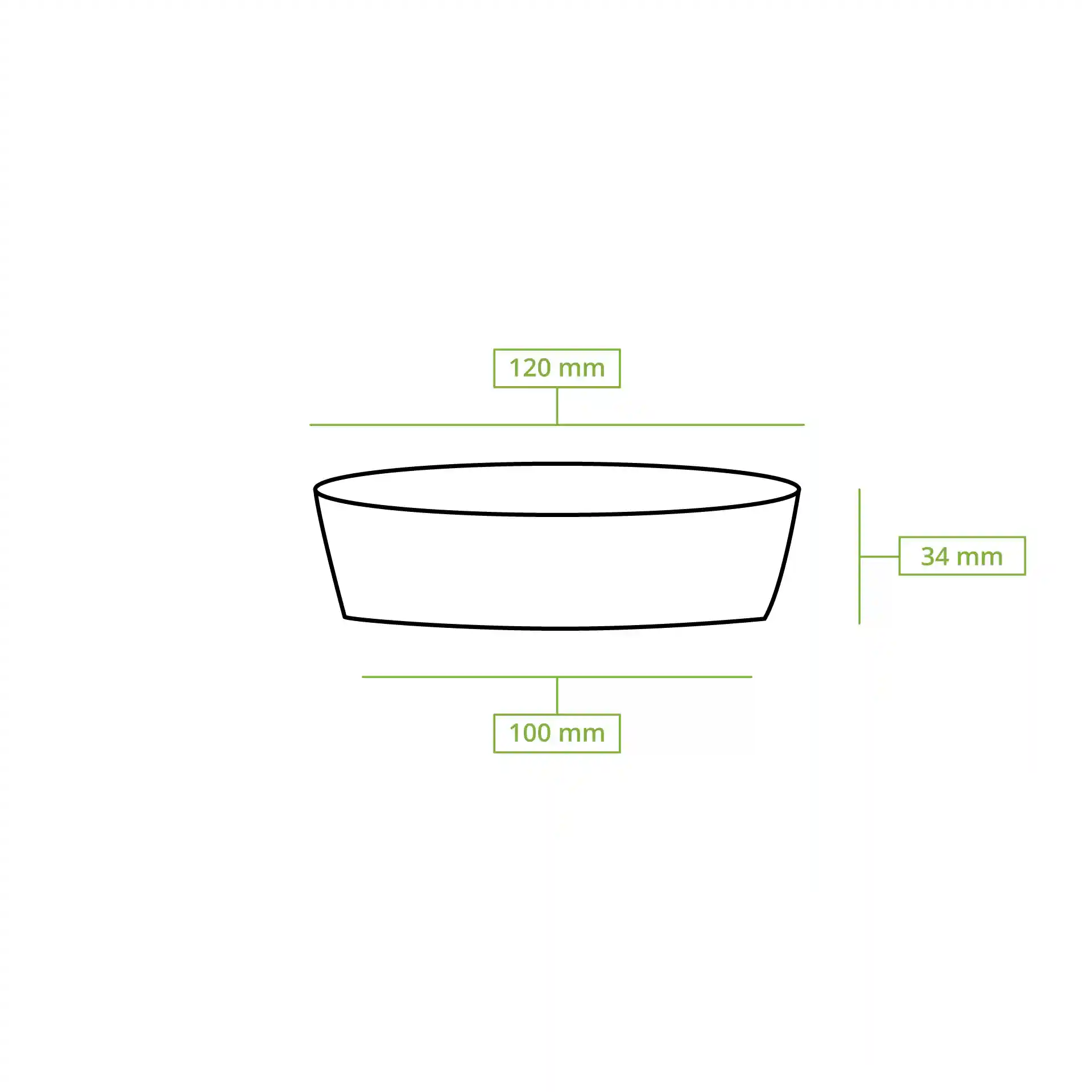 Schematische tekening van een ronde deli-container met afmetingen: 120 mm diameter, 34 mm hoogte en 100 mm bodemdiameter.