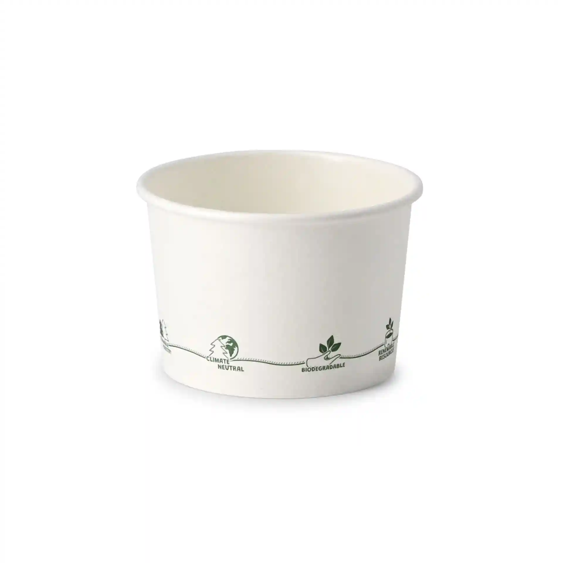 Ronde kartonnen soepbeker met geprinte eco-iconen, 8 oz capaciteit, diameter 90 mm, hoogte 60 mm.