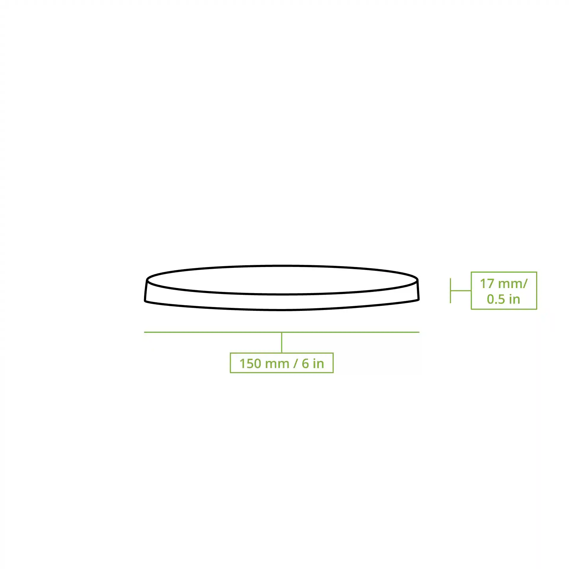 Schematische tekening van een ronde kartonnen deksel met een diameter van 150 mm en een hoogte van 17 mm.