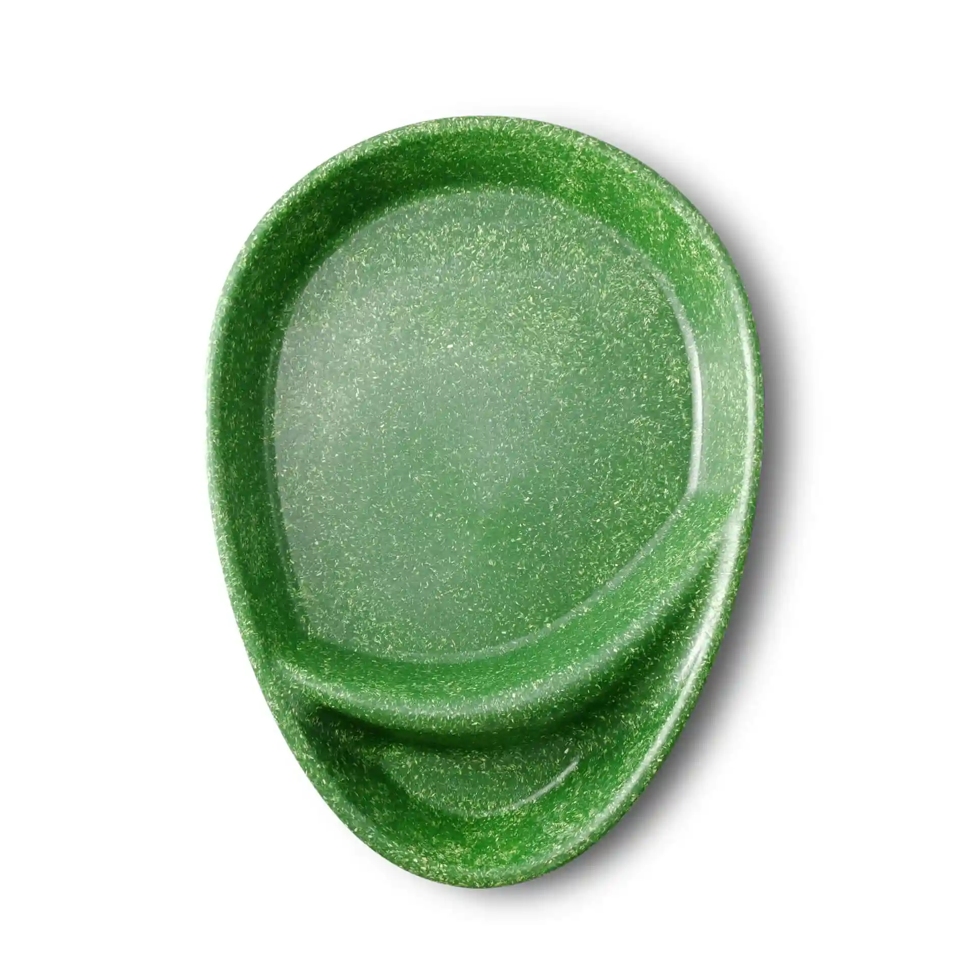 Druppelvormig groen verdeeld bord met twee compartimenten, gemaakt van biocomposietmateriaal.