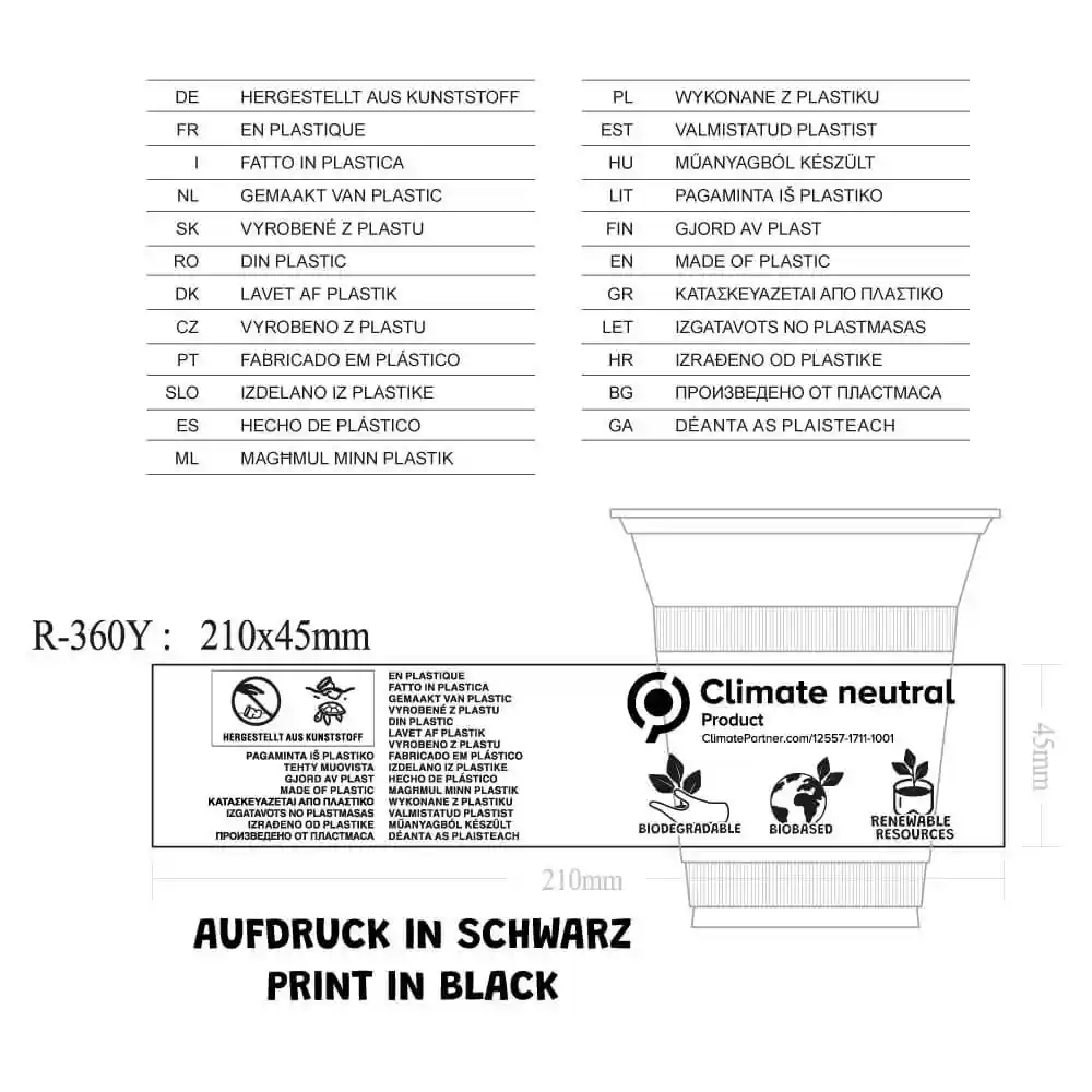 Schematische tekening van een 12 oz PLA smoothiebeker met afmetingen en meertalige tekstlabels.