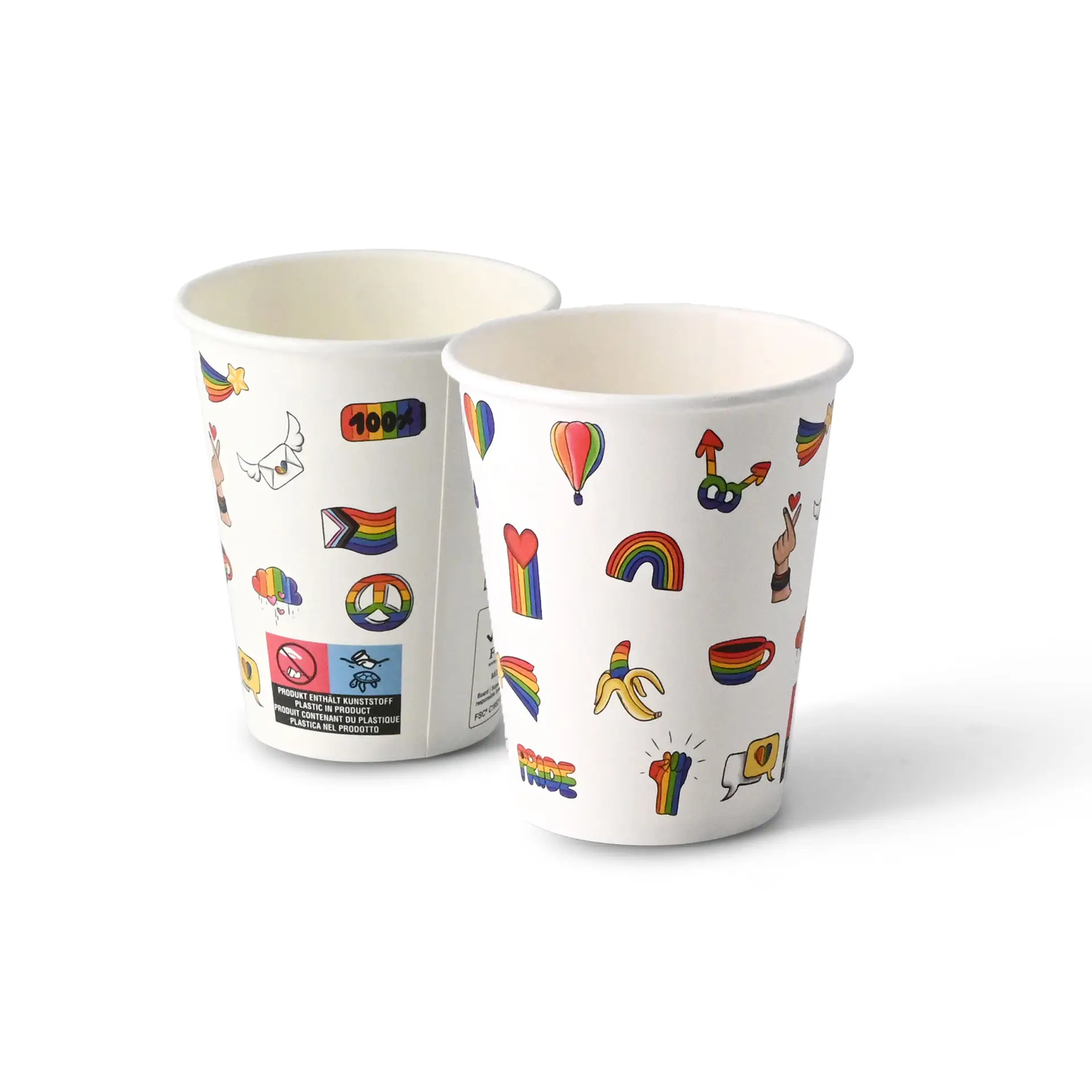 Twee 8 oz papieren bekers met verschillende kleurrijke pride-illustraties op een witte achtergrond.