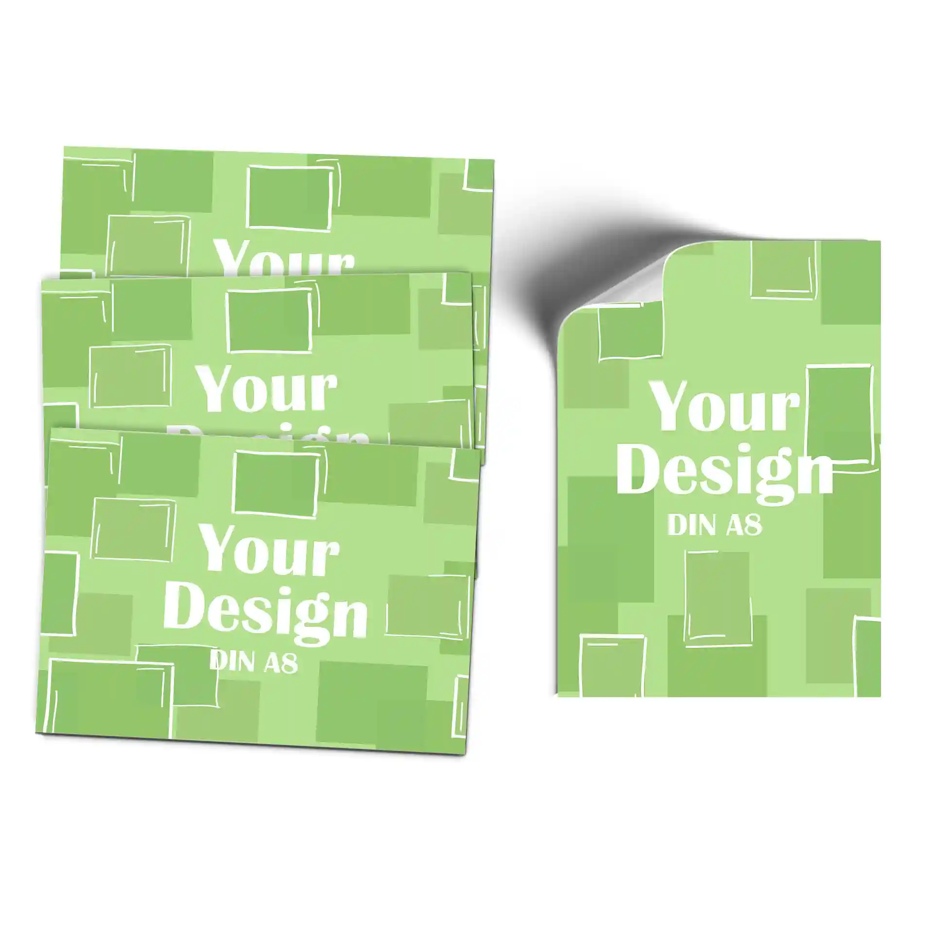 Rechthoekige, bedrukte labels in groen met witte tekst, met een ontwerp patroon, maat DIN A8.