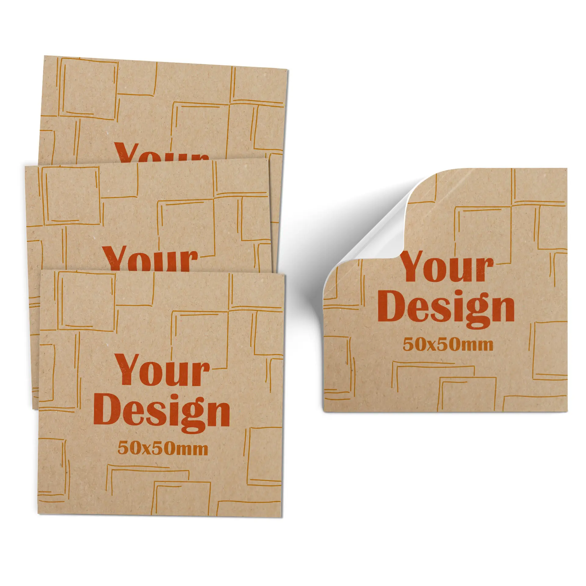 Bruine papieren notitie met een ronde rode afbeelding van een toekan en het maatlabel "5x5 cm."