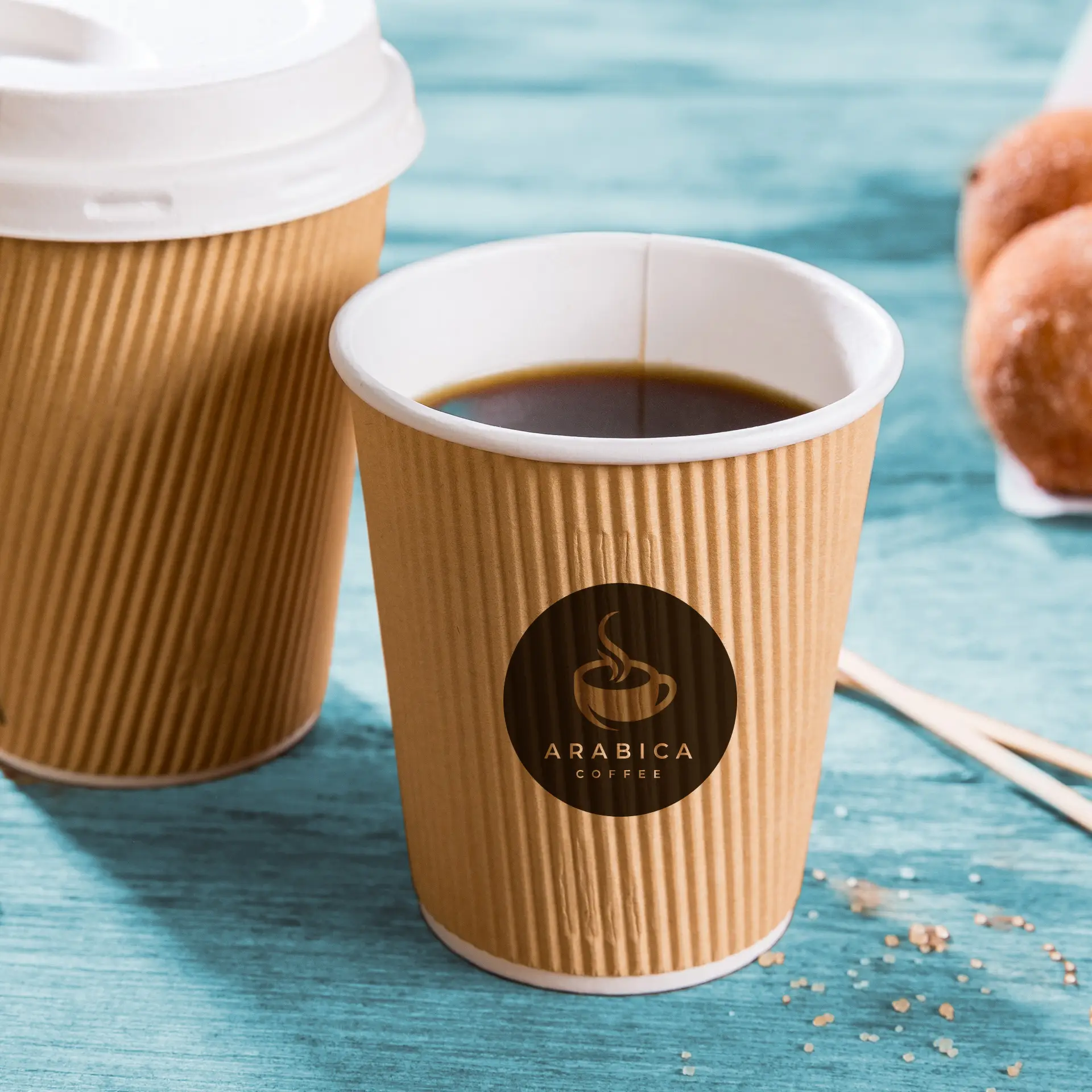 Ribbelbeker bedrukken, 200 ml / 8 oz, bruin / wit, PLA-gecoat