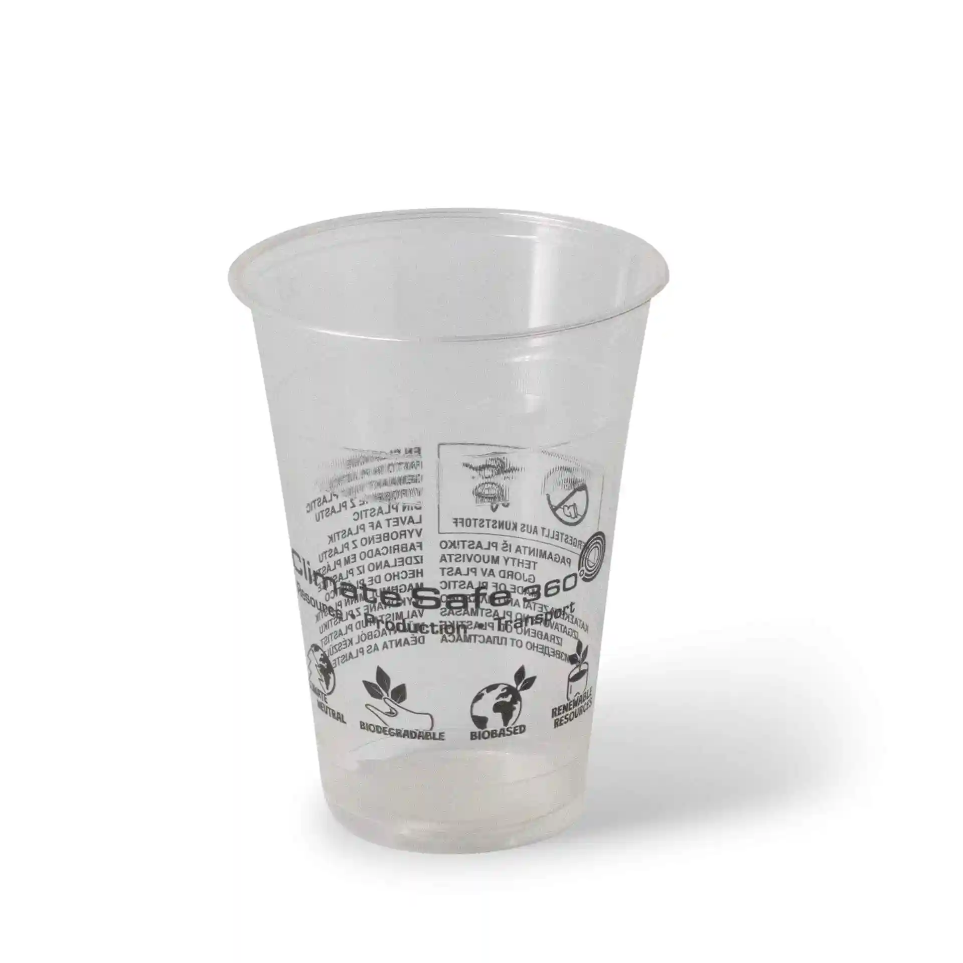 Transparante 16 oz PLA smoothiebeker met een diameter van 96 mm en bedrukte markeringen op het oppervlak.