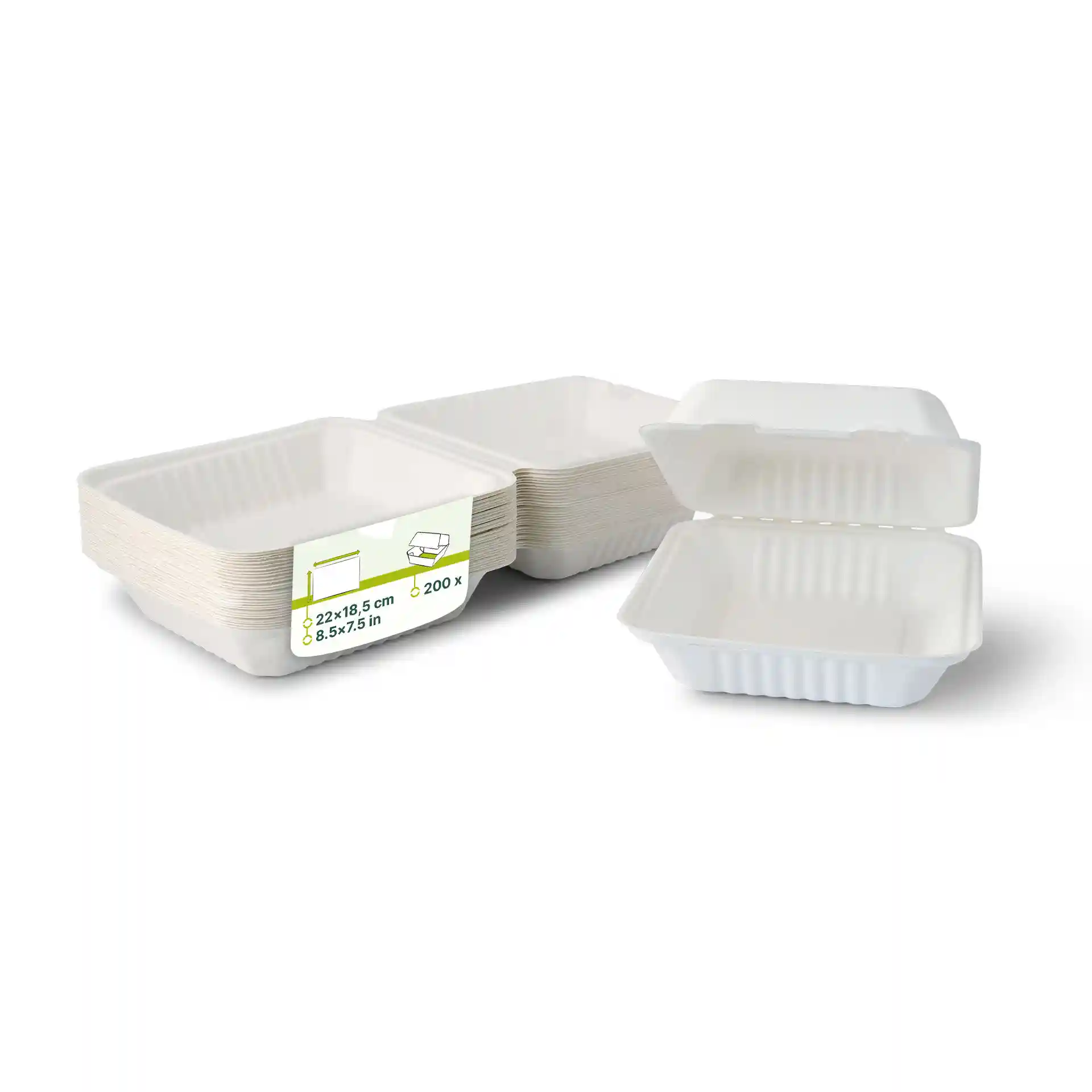 Stapel van witte suikerrietcontainers met scharnierdeksels, één open, afmetingen 22 x 18,5 cm.