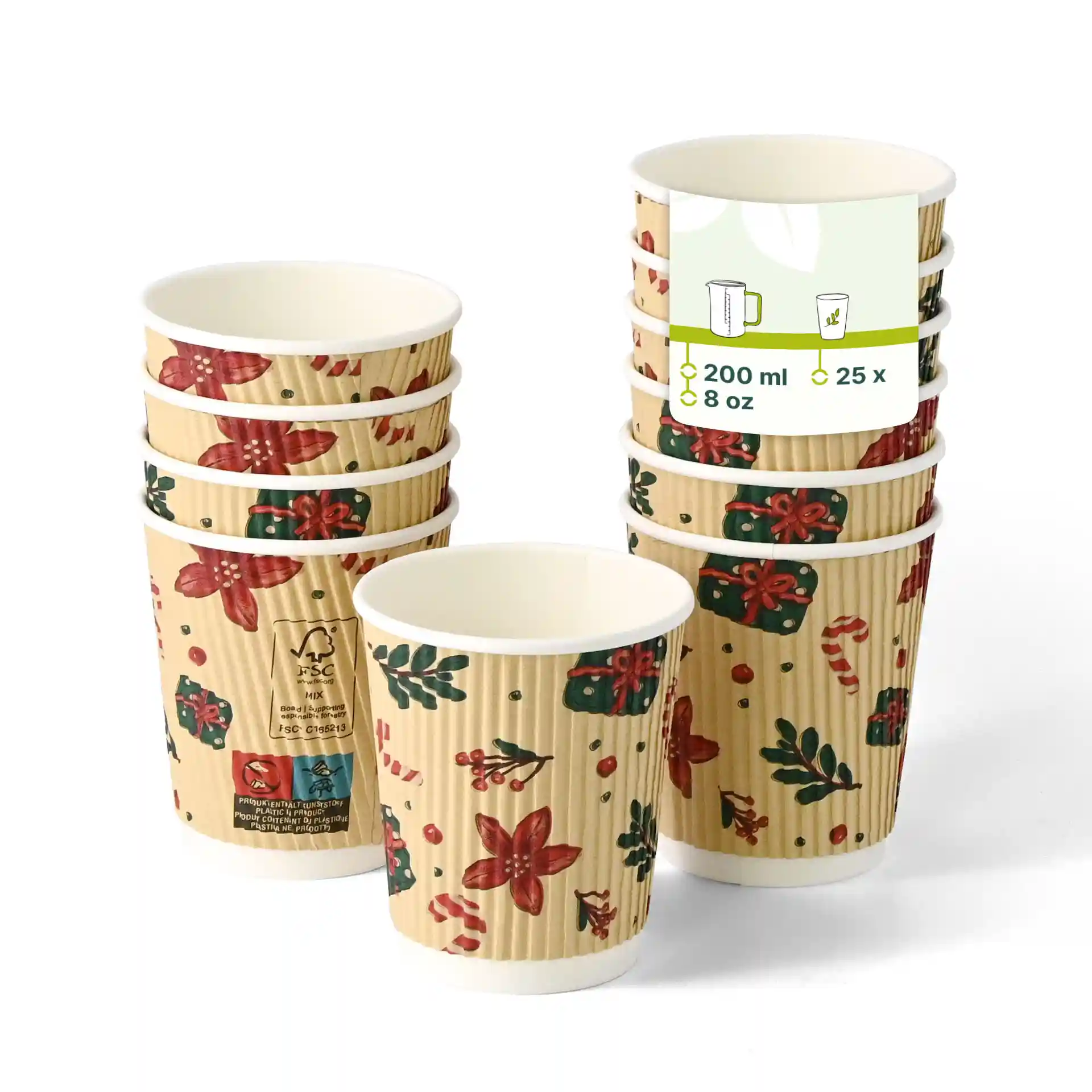Stap van acht 8 oz bekers met een winterontwerp, met bloemen- en cadeau-motieven op een bruine achtergrond.