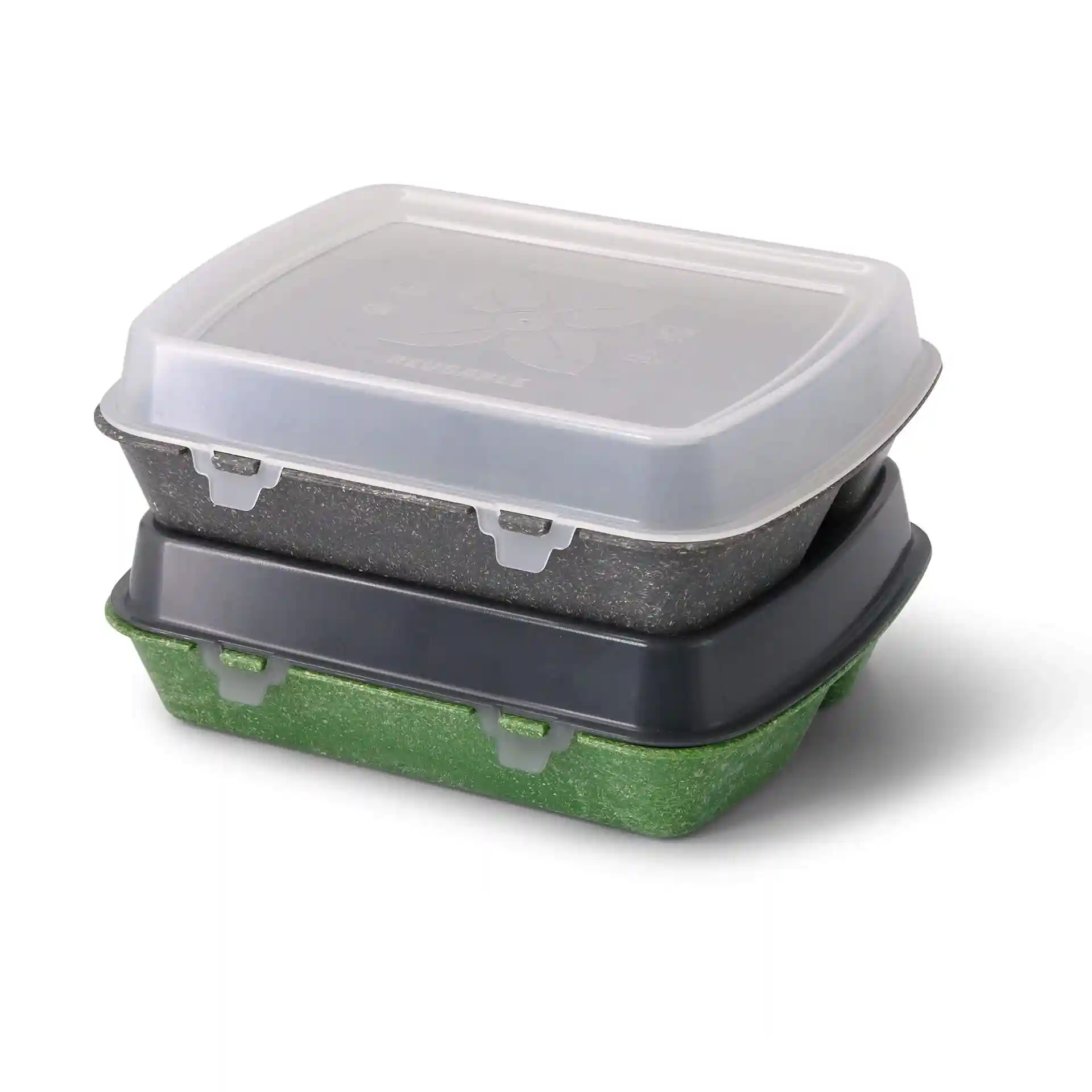 Gestapelde herbruikbare containers met grijze deksels, één boven de ander, met rechthoekige vormen en een transparant deksel.