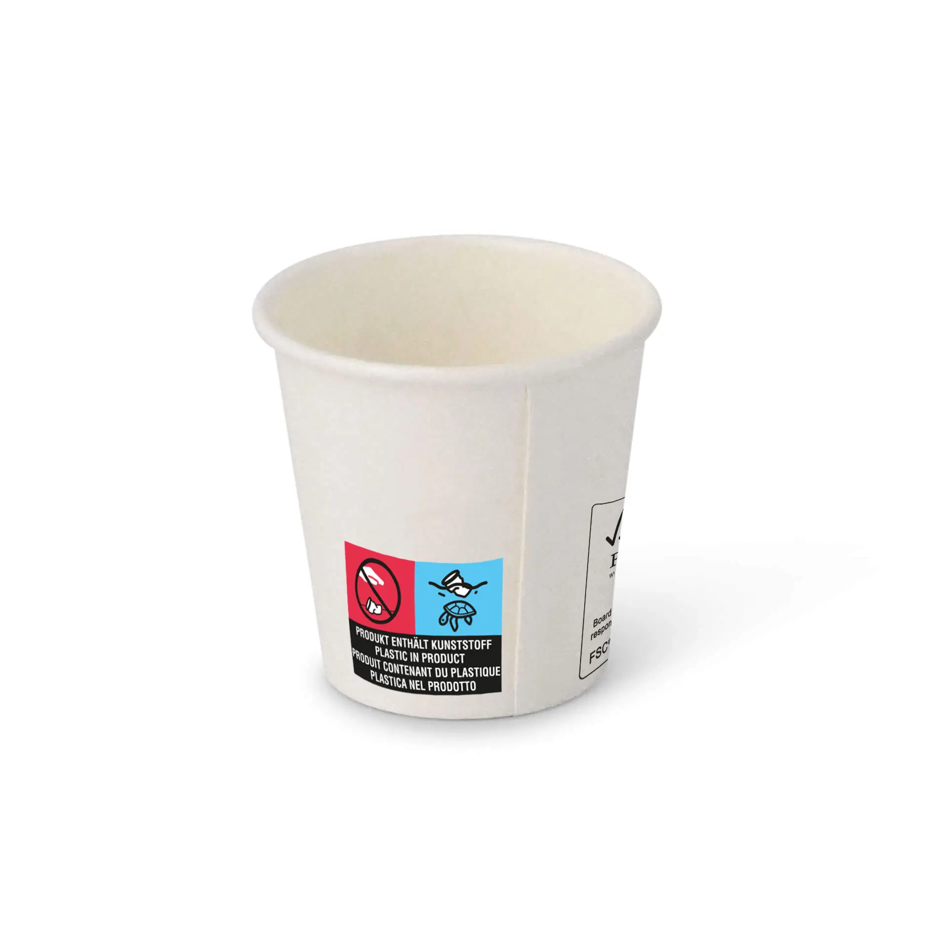 Een witte 2 oz papieren beker met PE-coating; bevat veiligheids- en recyclingsymbolen aan de zijkant.
