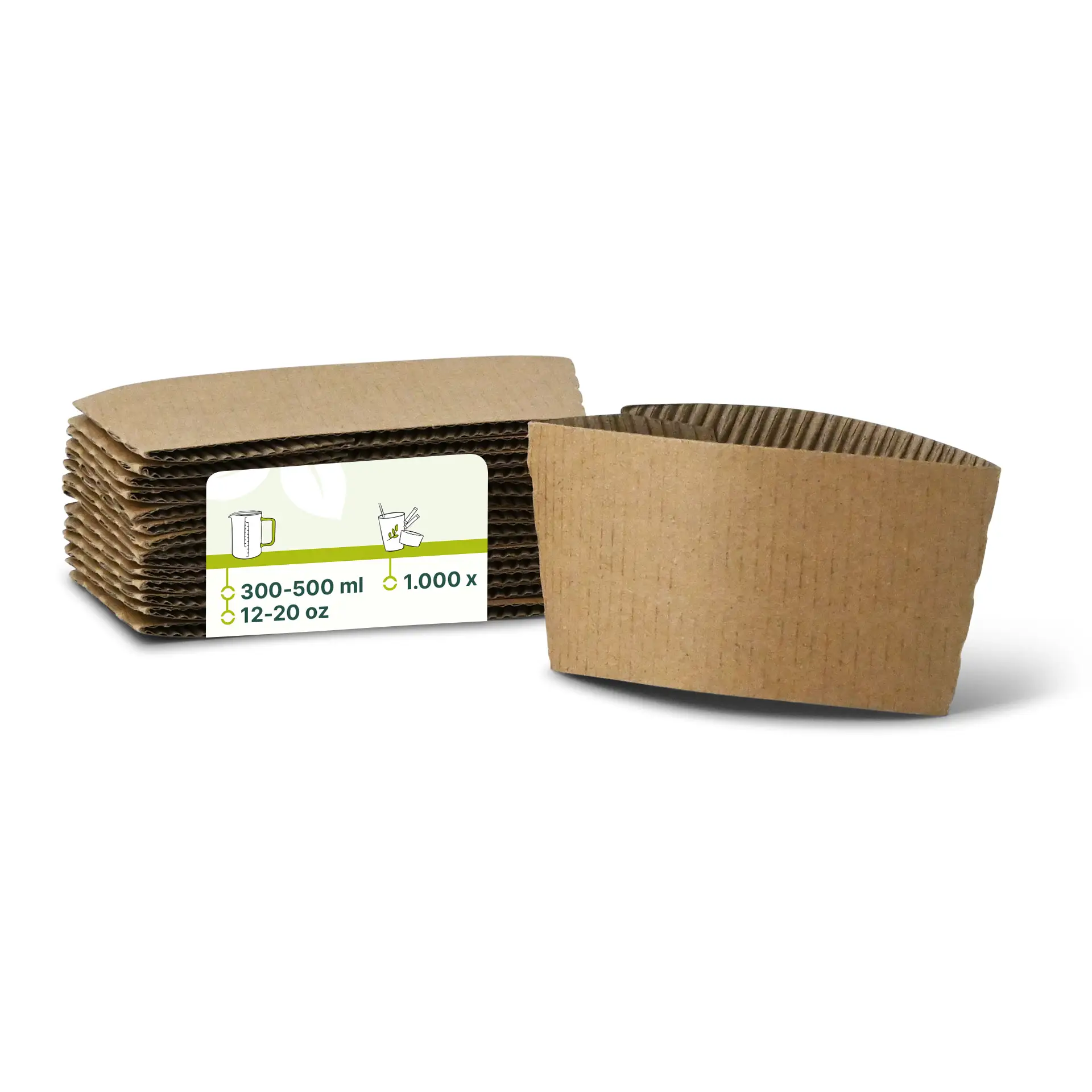 Bruine kartonnen sleeves voor 300-500 ml papieren bekers, met een hoogte van 65 mm en een breedte van 130 mm.