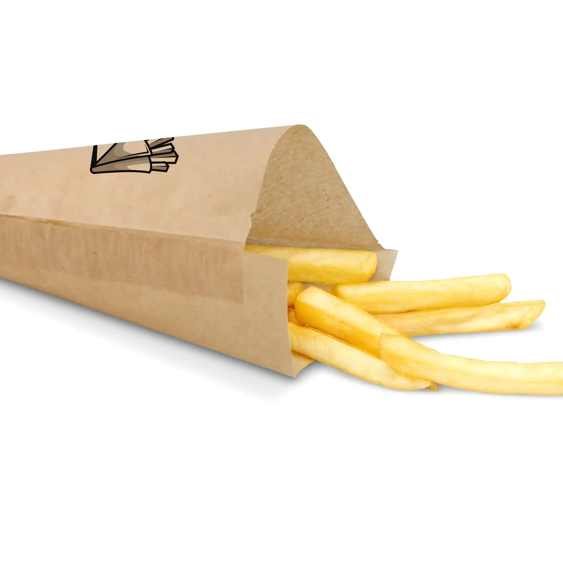 Bruine papieren kegelzak met gedeeltelijk zichtbare frietjes, ontworpen voor afhaalgebruik, maat 19 x 19 cm.