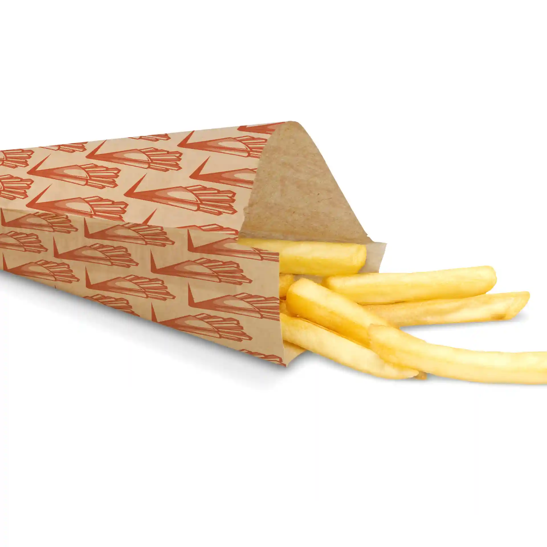 Bruine bedrukte papieren kegel voor het serveren van frietjes, met frietjes die gedeeltelijk zichtbaar zijn.