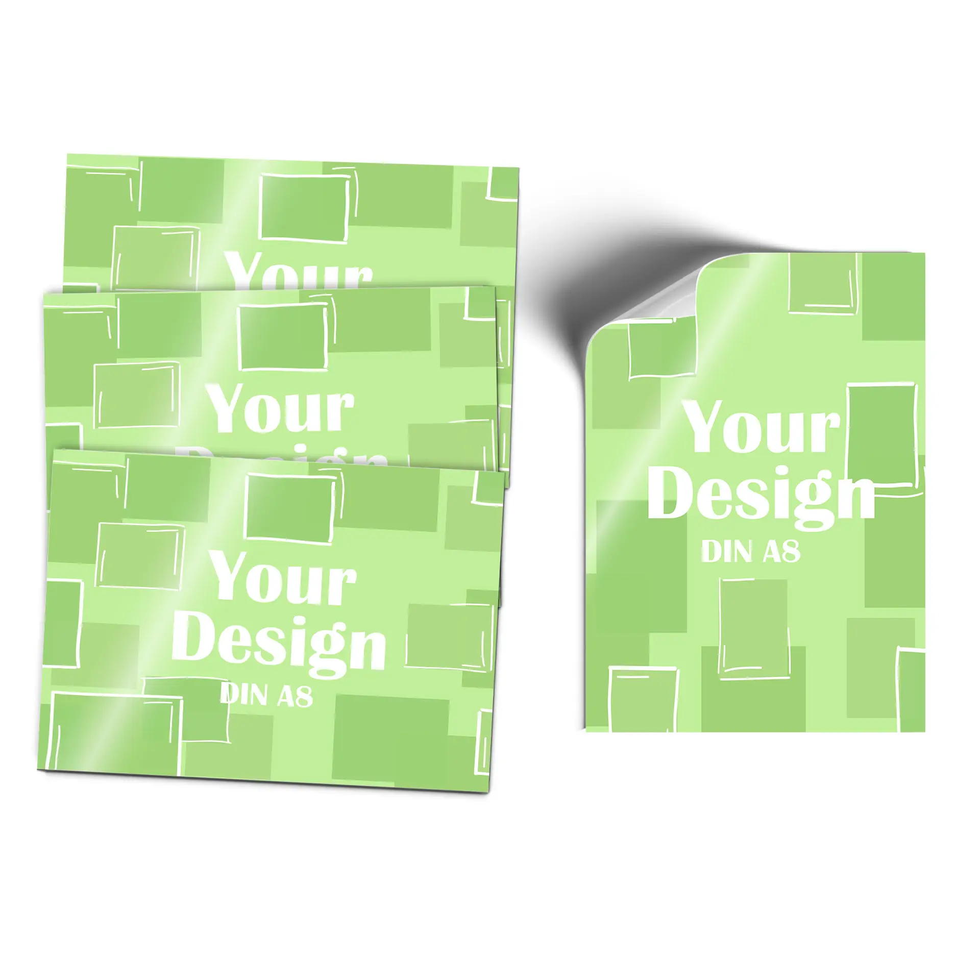 Grafische sticker met een wit ontwerp op een paarse gradient achtergrond, maat 74x52 mm, met afgeronde hoeken.