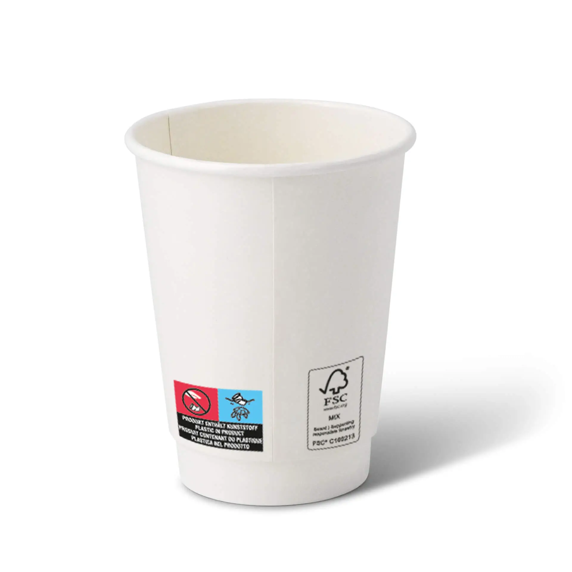 Een witte dubbelwandige beker met PE-coating, geschikt voor warme en koude dranken; labels en symbolen zichtbaar.
