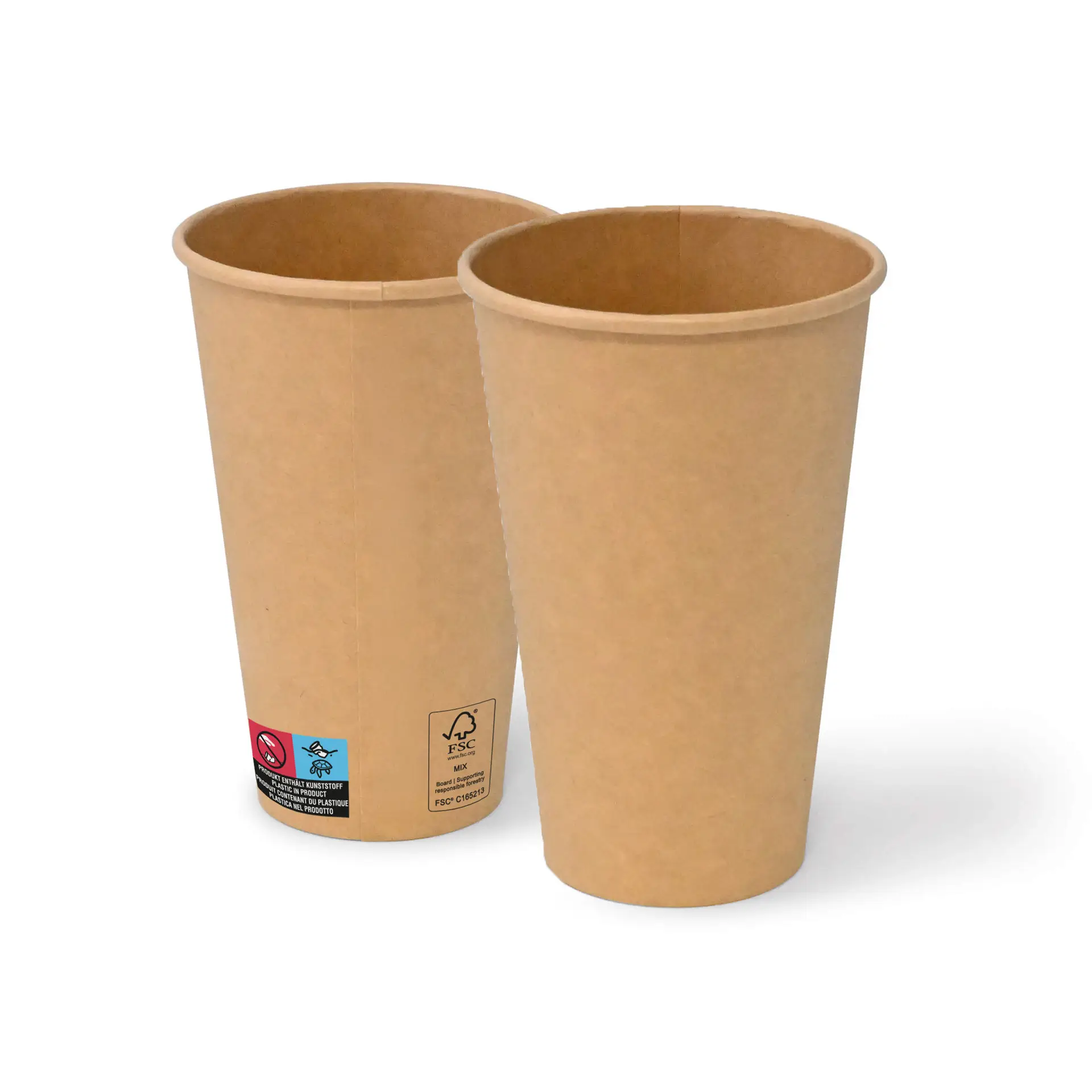 Bruine 16 oz papieren bekers met een ronde vorm, twee bekers met een gecoate kartonnen afwerking.