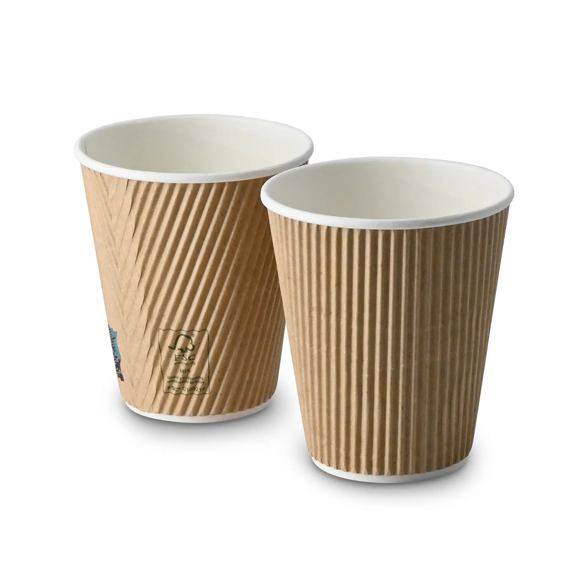 Twee geïsoleerde koffiekoppen van 295 ml; bruine ribbelstructuur, witte binnenkant, geschikt voor warme dranken.