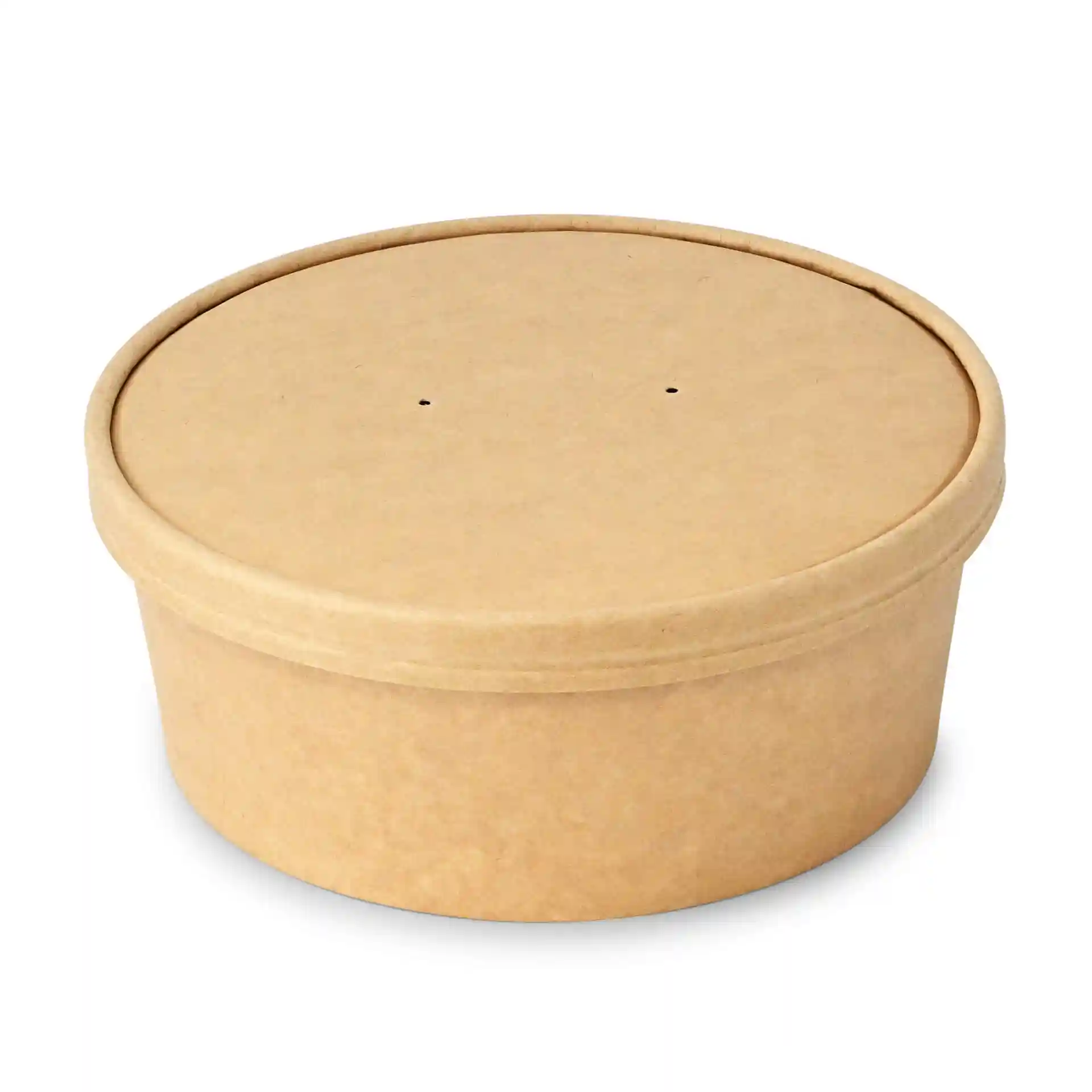 Ronde bruine kartonnen container met een deksel en twee kleine gaatjes bovenop.