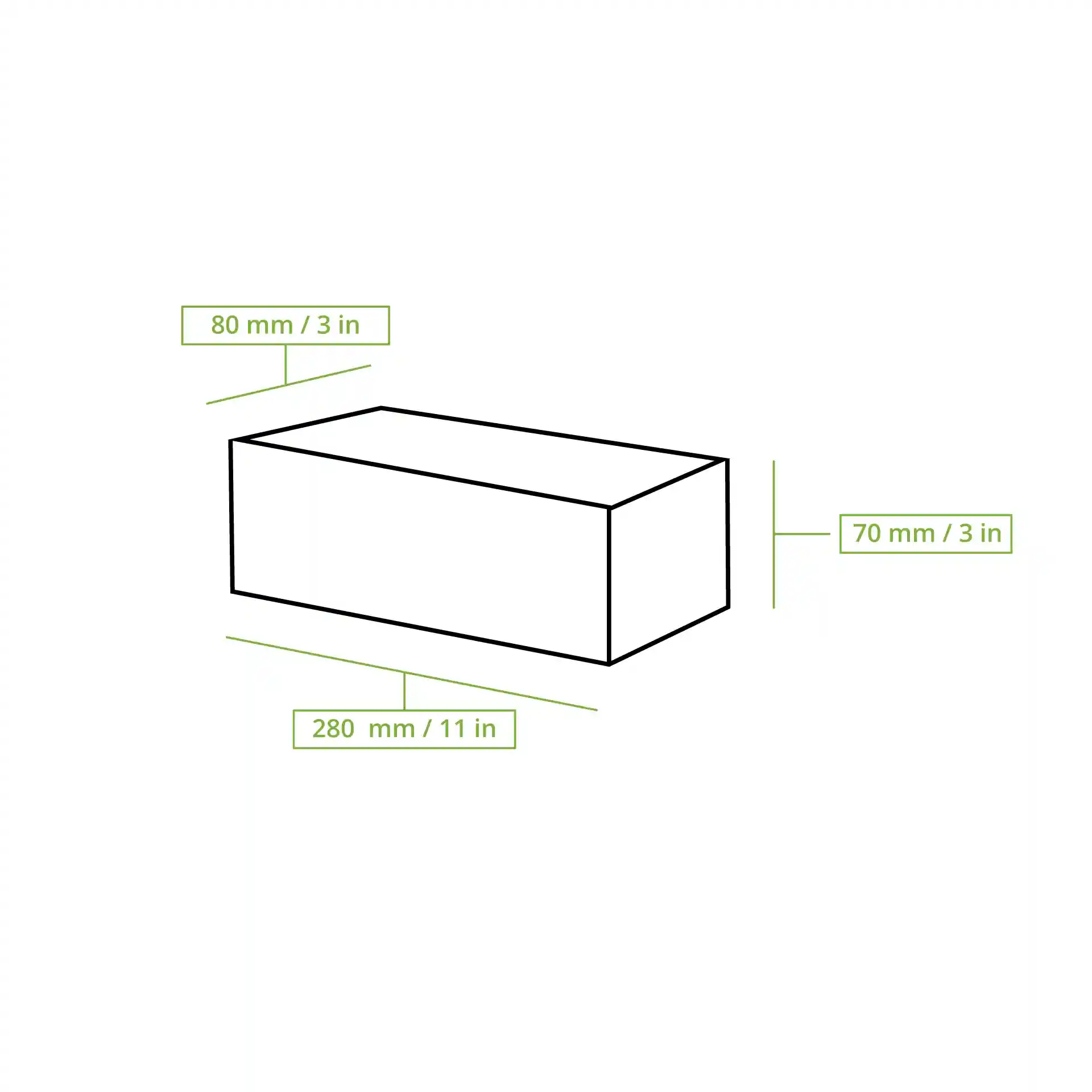 Schematische tekening van een rechthoekige doos met afmetingen: 80 mm, 70 mm en 280 mm.