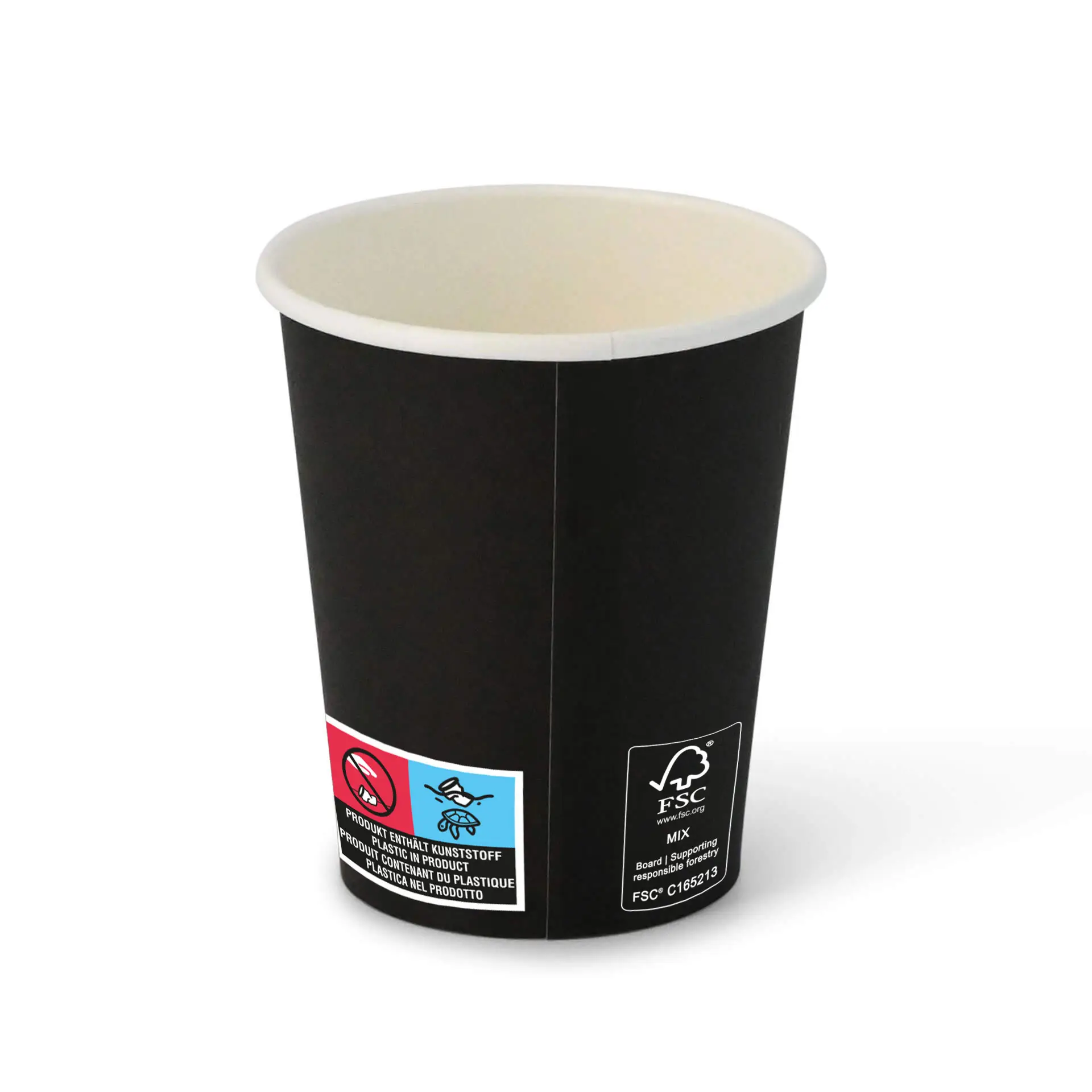 Zwarte papieren beker (8 oz) met PE-coating en klassiek ontwerp; voorzien van etikettering met iconen en certificeringsmerken.