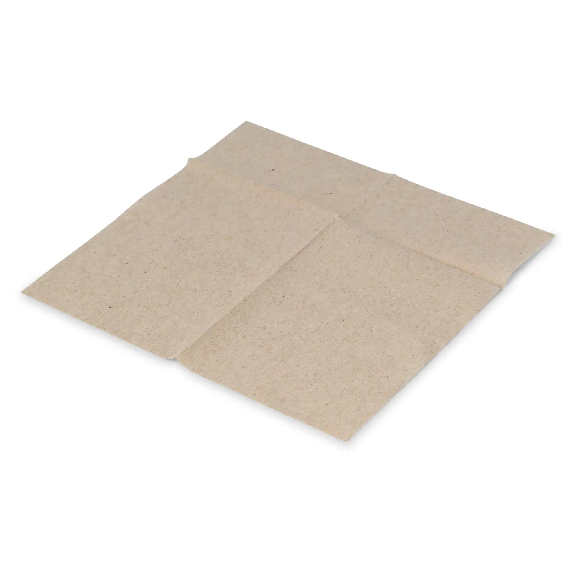 Ongebleekte rechthoekige rPaper servet, 12 x 8,5 cm, gevouwen, met een recycling symbool op het oppervlak.