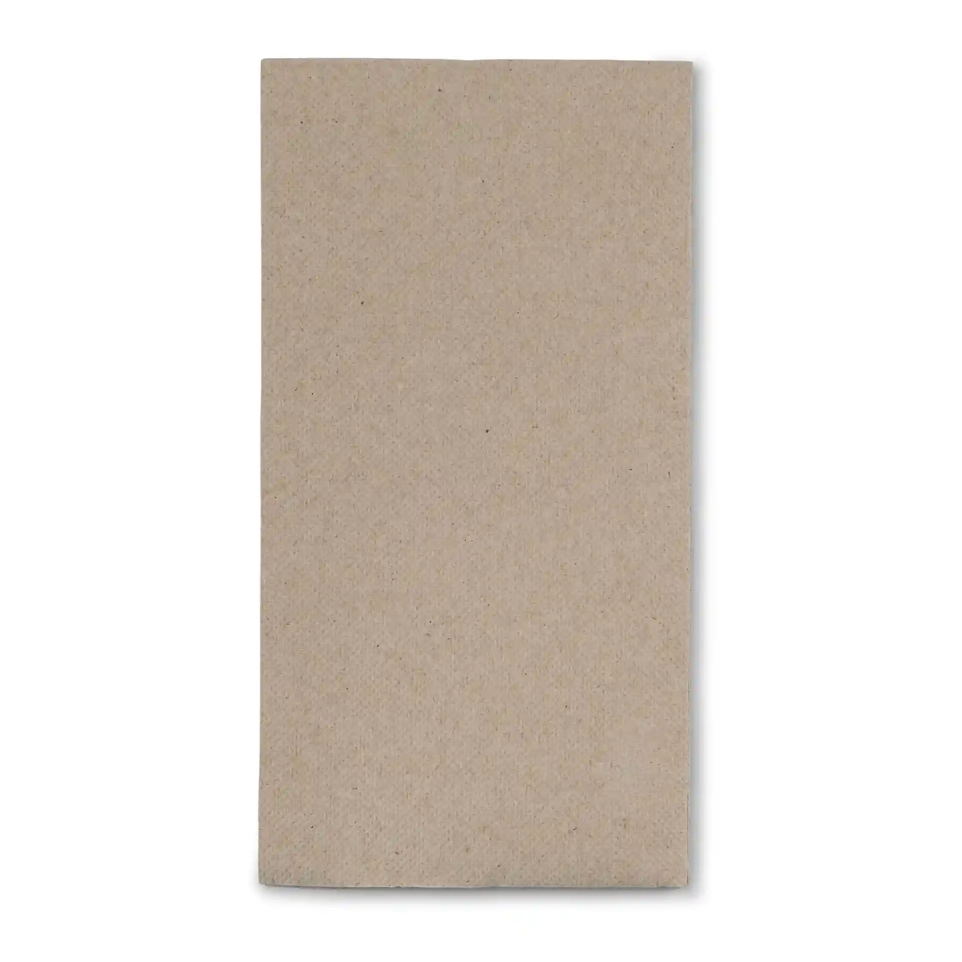 Rechthoekige ongebleekte gerecycleerde papieren servet, 40 x 40 cm, 2-laags, met een symbool voor gerecycled materiaal.