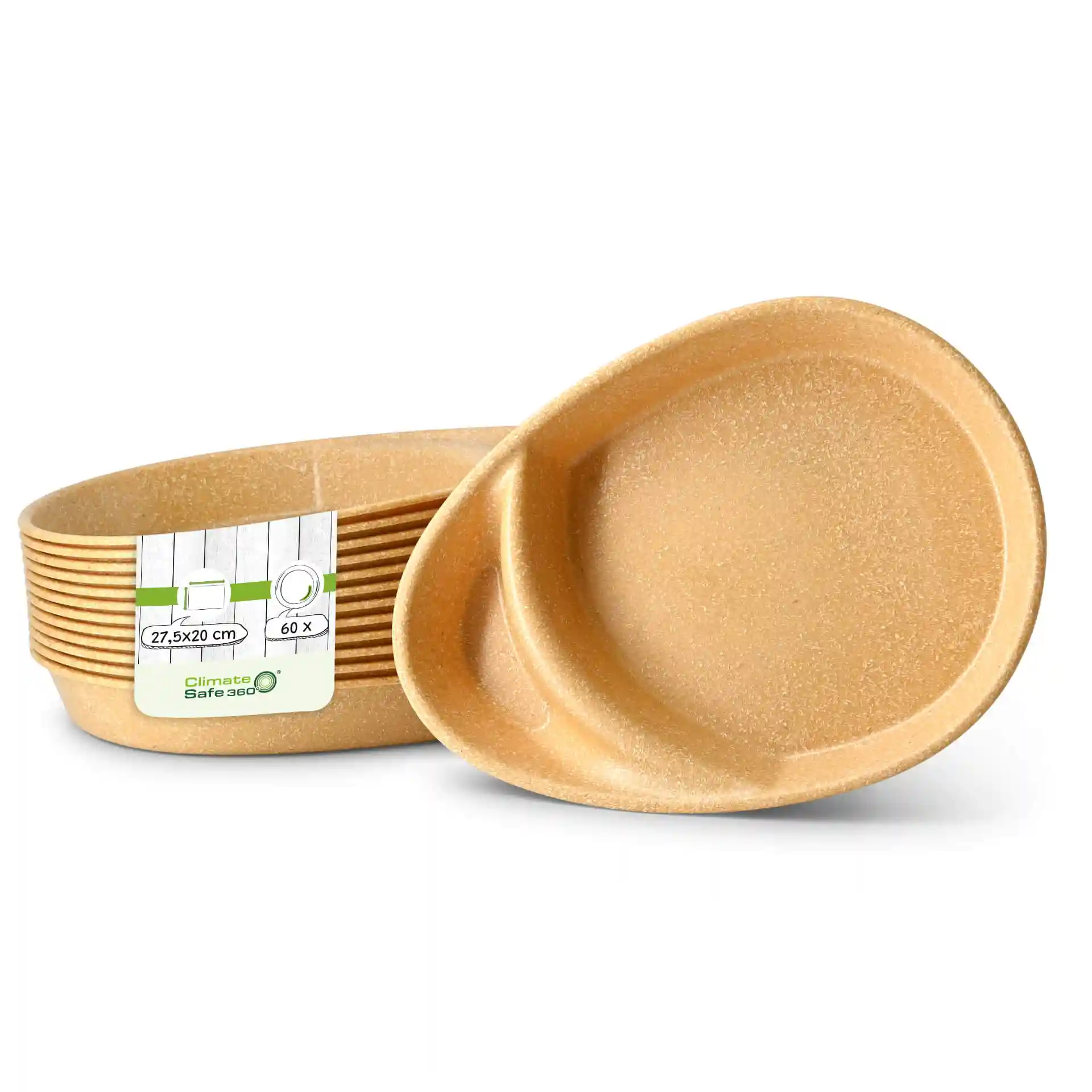 Herbruikbare verdeelde borden in karamelbruin, met twee compartimenten en 27,5 × 20 cm groot.