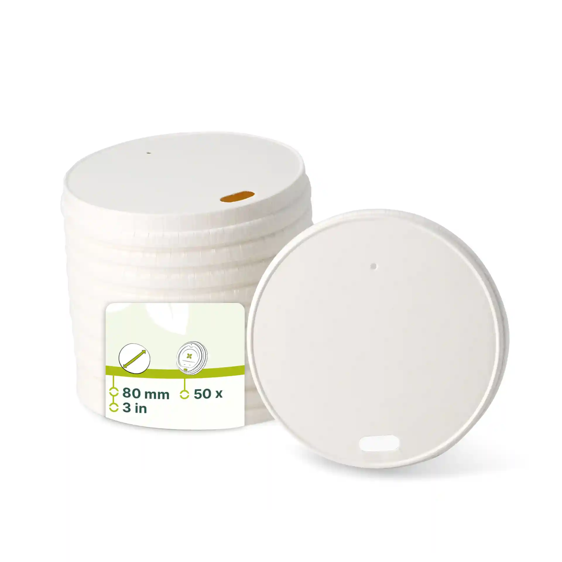 Stapeltje witte papieren deksels met een diameter van 80 mm, met een drinkopening en een label met productdetails.