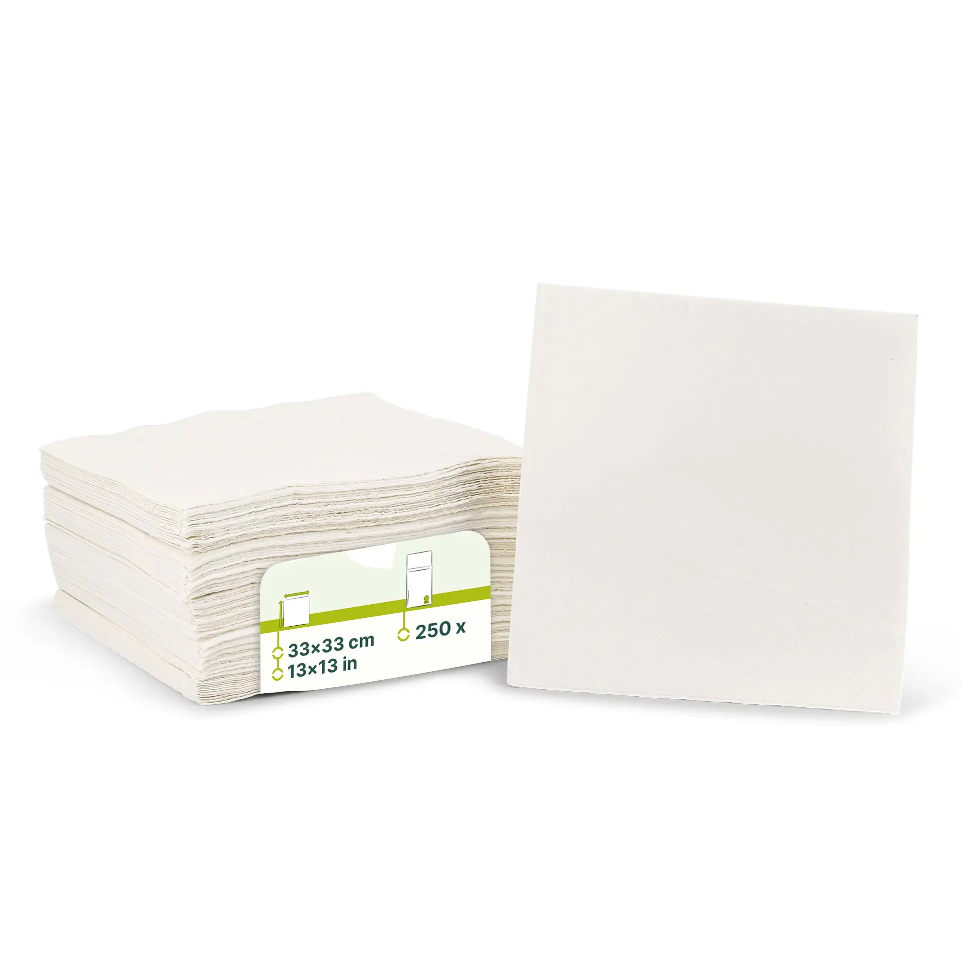 Stapeltje witte, 2-laags gerecycled papieren servetten, 33 x 33 cm, met een label met productdetails.