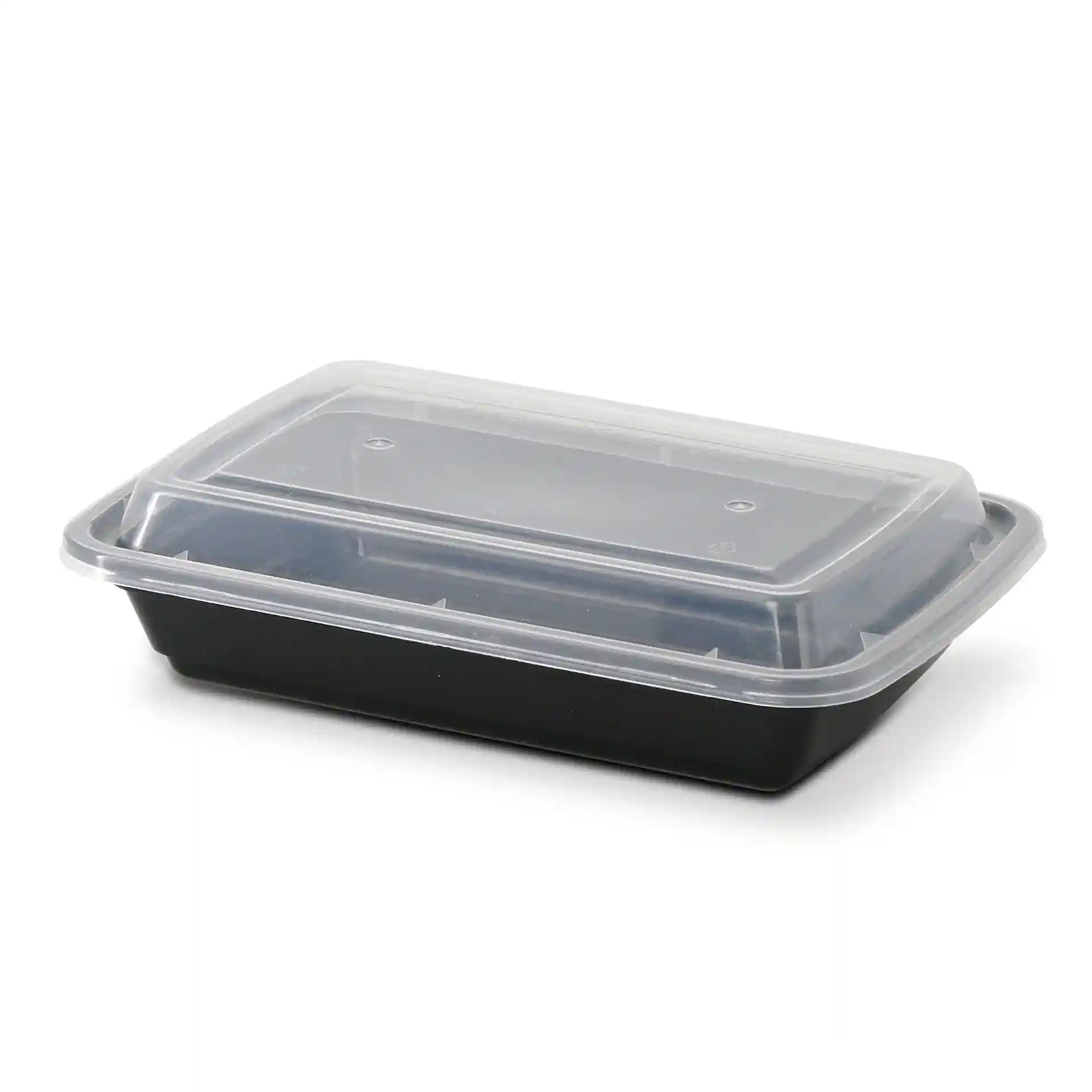 Rechthoekige zwarte herbruikbare container met een doorzichtig deksel, 185 mm lang, 125 mm breed en 34 mm hoog.