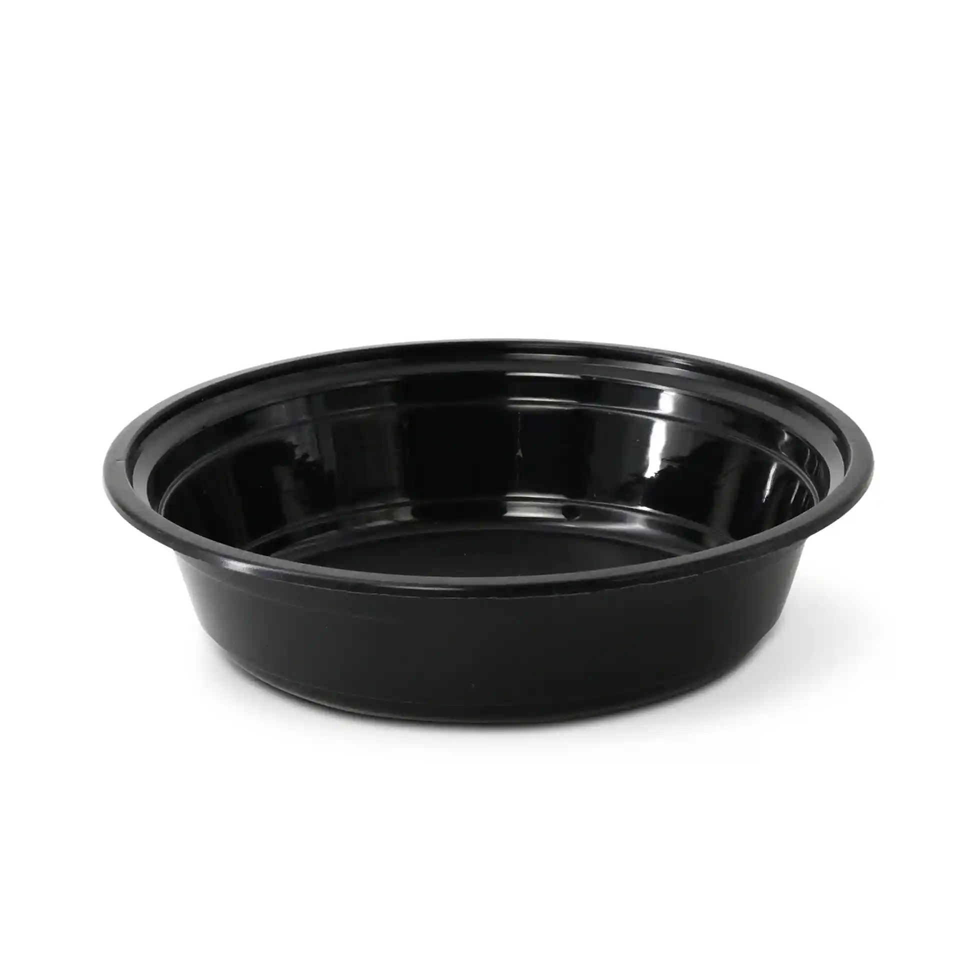 Zwarte ronde herbruikbare plaat met een diameter van 182 mm en een hoogte van 44 mm, gemaakt van polypropyleen.